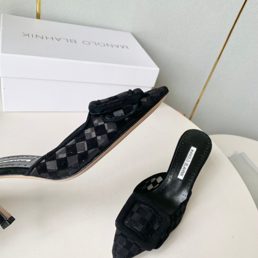Manolo Mules Latest Checkerboard Black Fabric Leather 528010