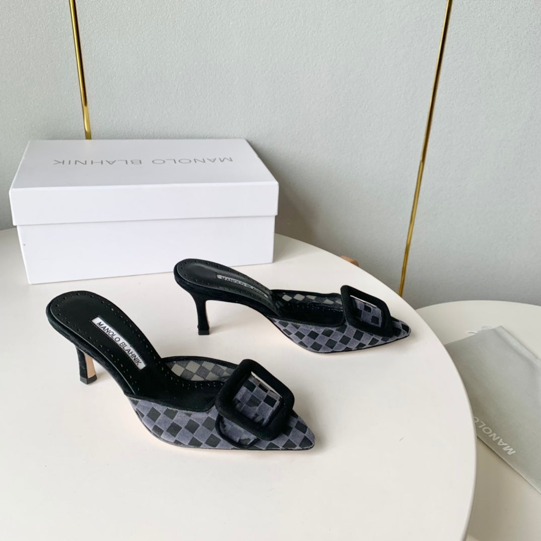 Manolo Mules Latest Checkerboard Grey Fabric Leather 528009
