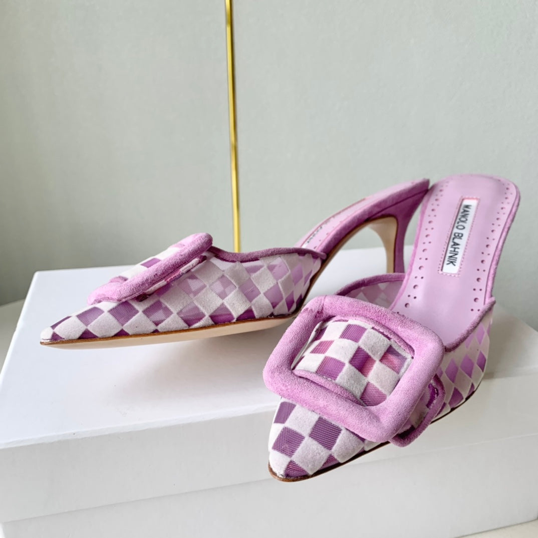 Manolo Mules 7cm Purple Fabric Leather  528012