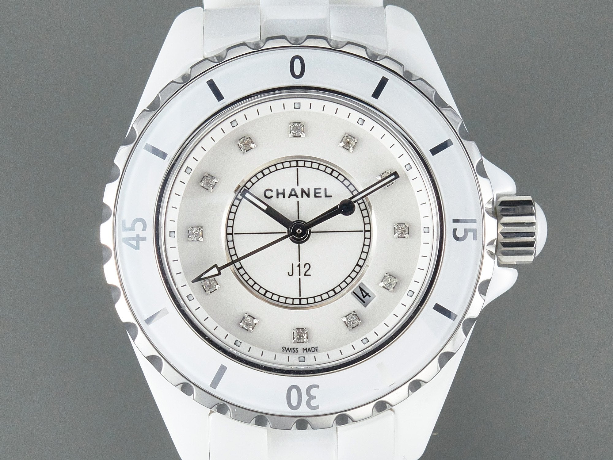 J12 Date Quartz White Ceramic Diamond Numerals White Dial