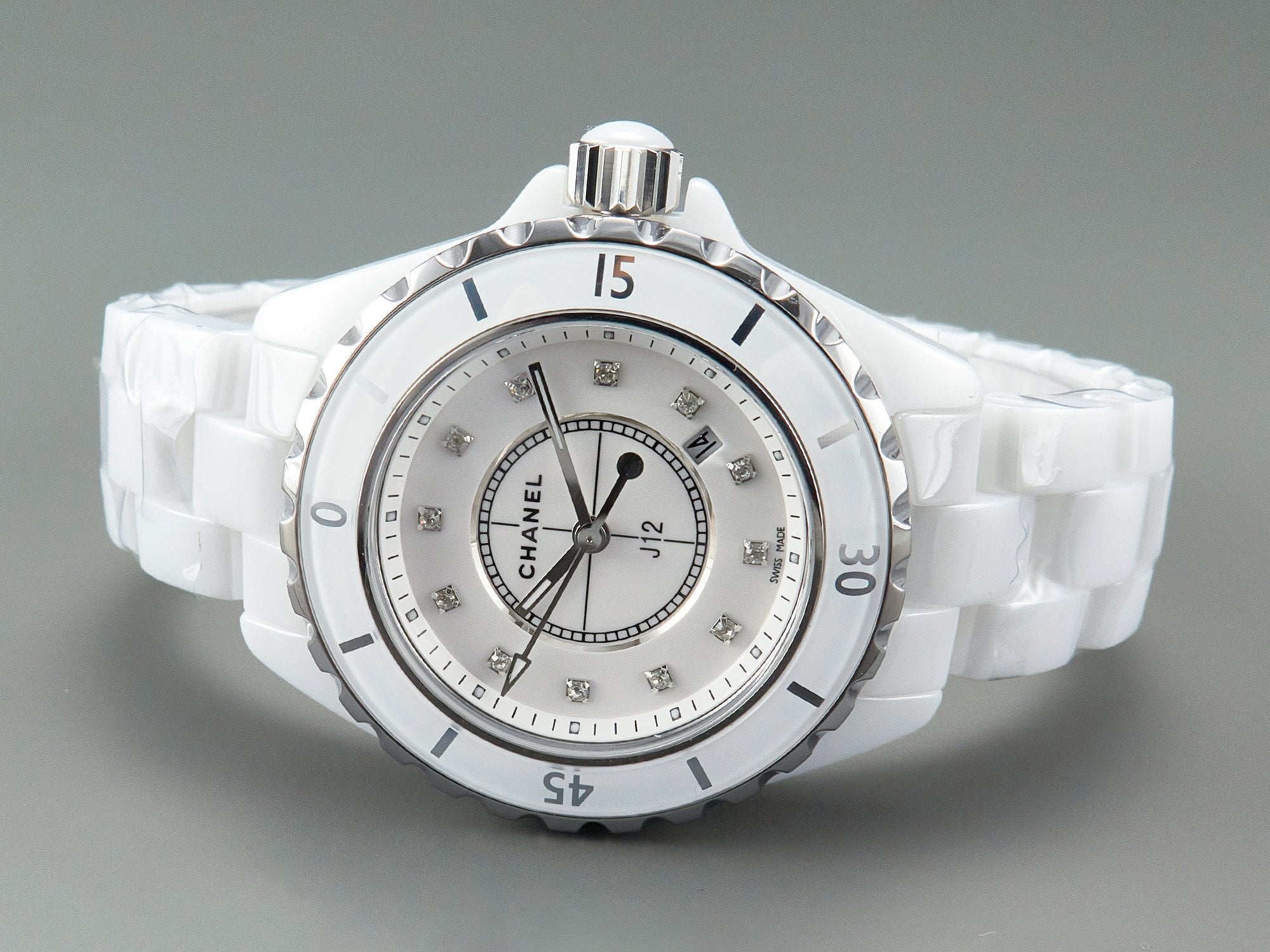 J12 Date Quartz White Ceramic Diamond Numerals White Dial