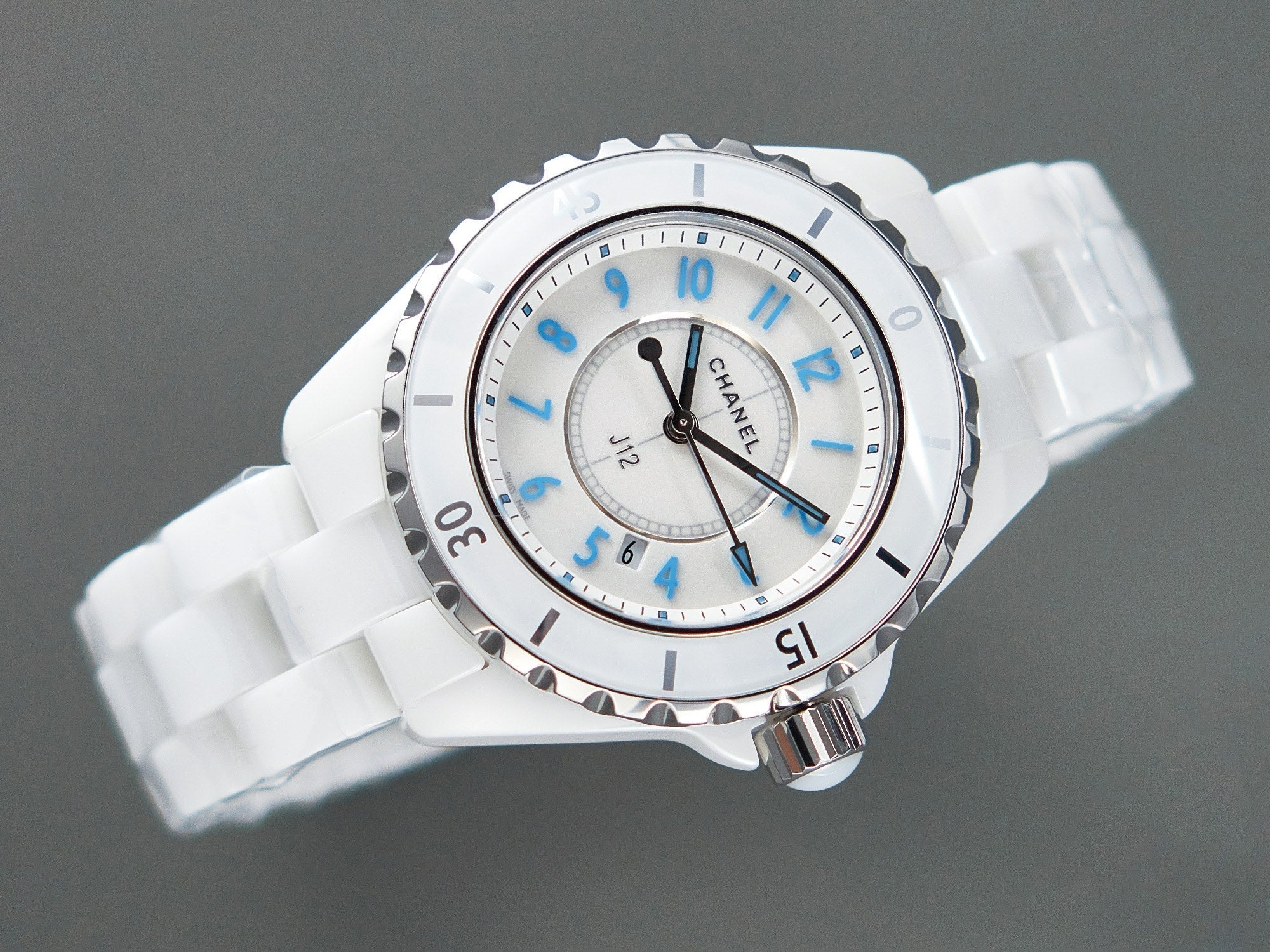 J12 Date Quartz White Ceramic Blue Numerals White Dial