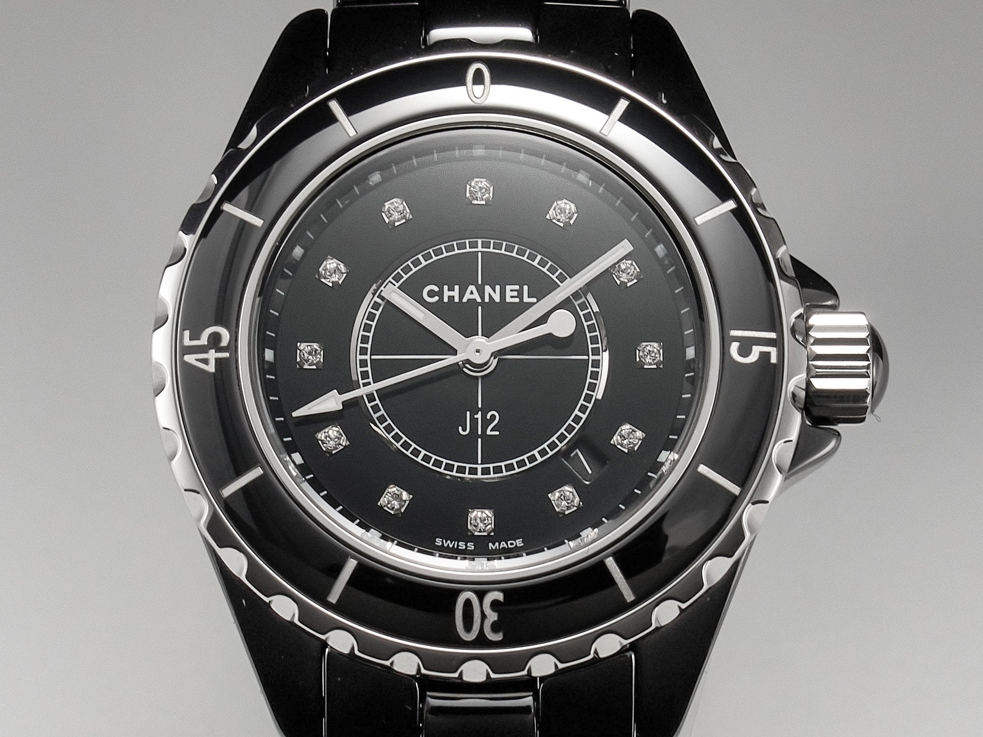 J12 Date Quartz Black Ceramic Diamond Numerals Black Dial