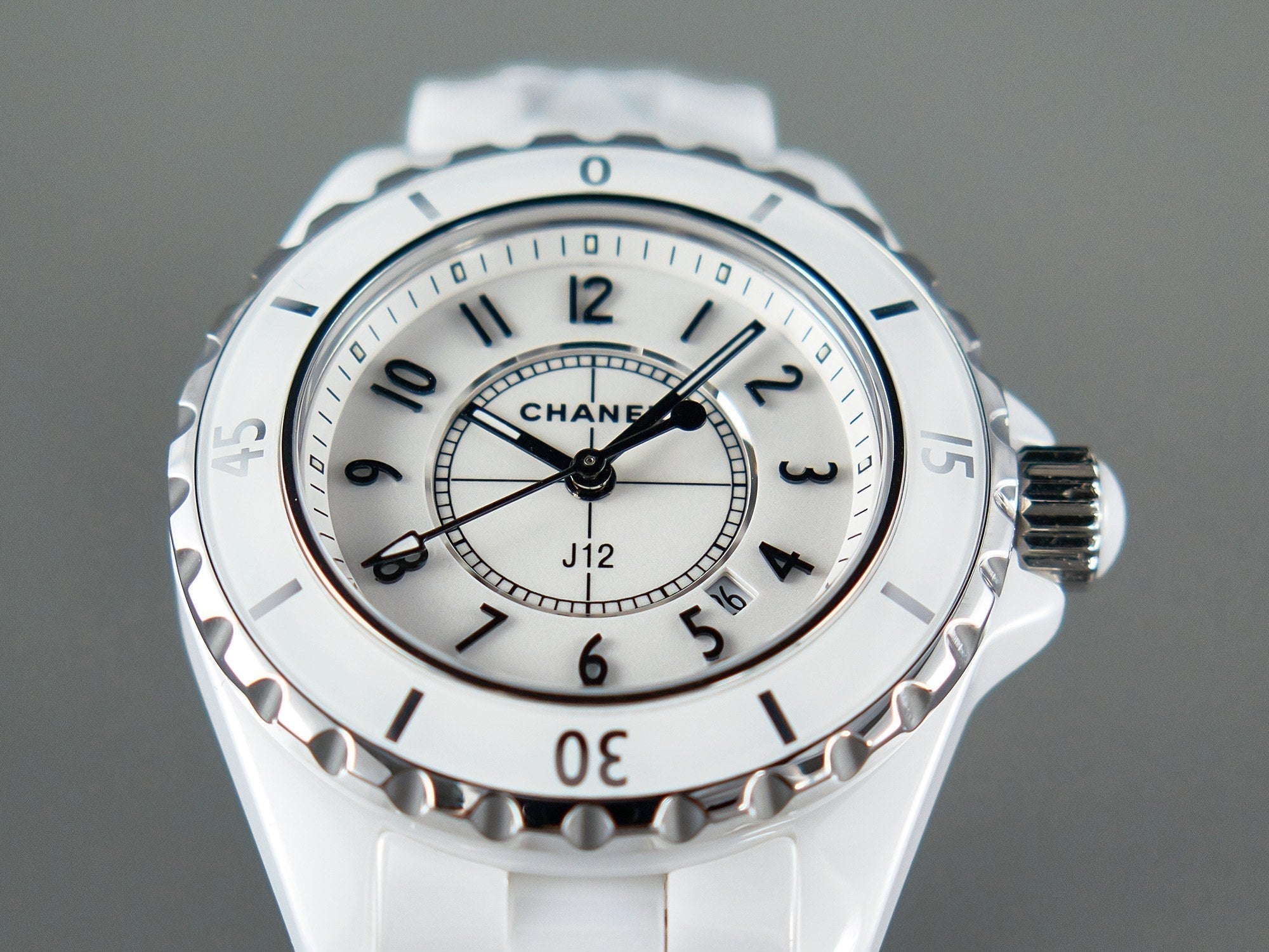 J12 Date Quartz White Ceramic Black Numerals White Dial