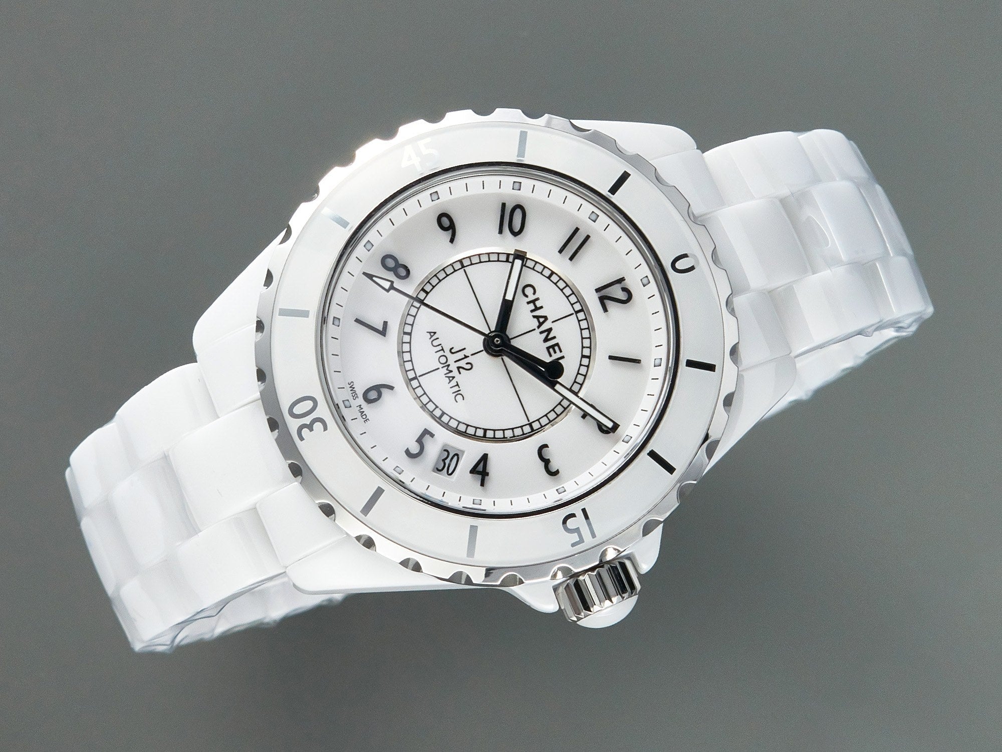 J12 Date Automatic White Ceramic Black Numerals White Dial