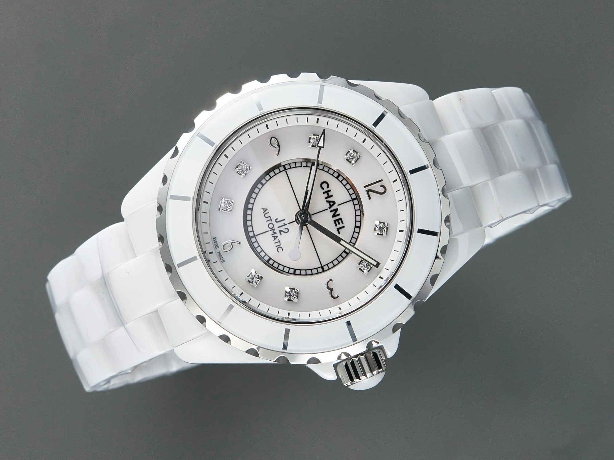 J12 Automatic White Ceramic Black Diamond Numerals Mop Dial