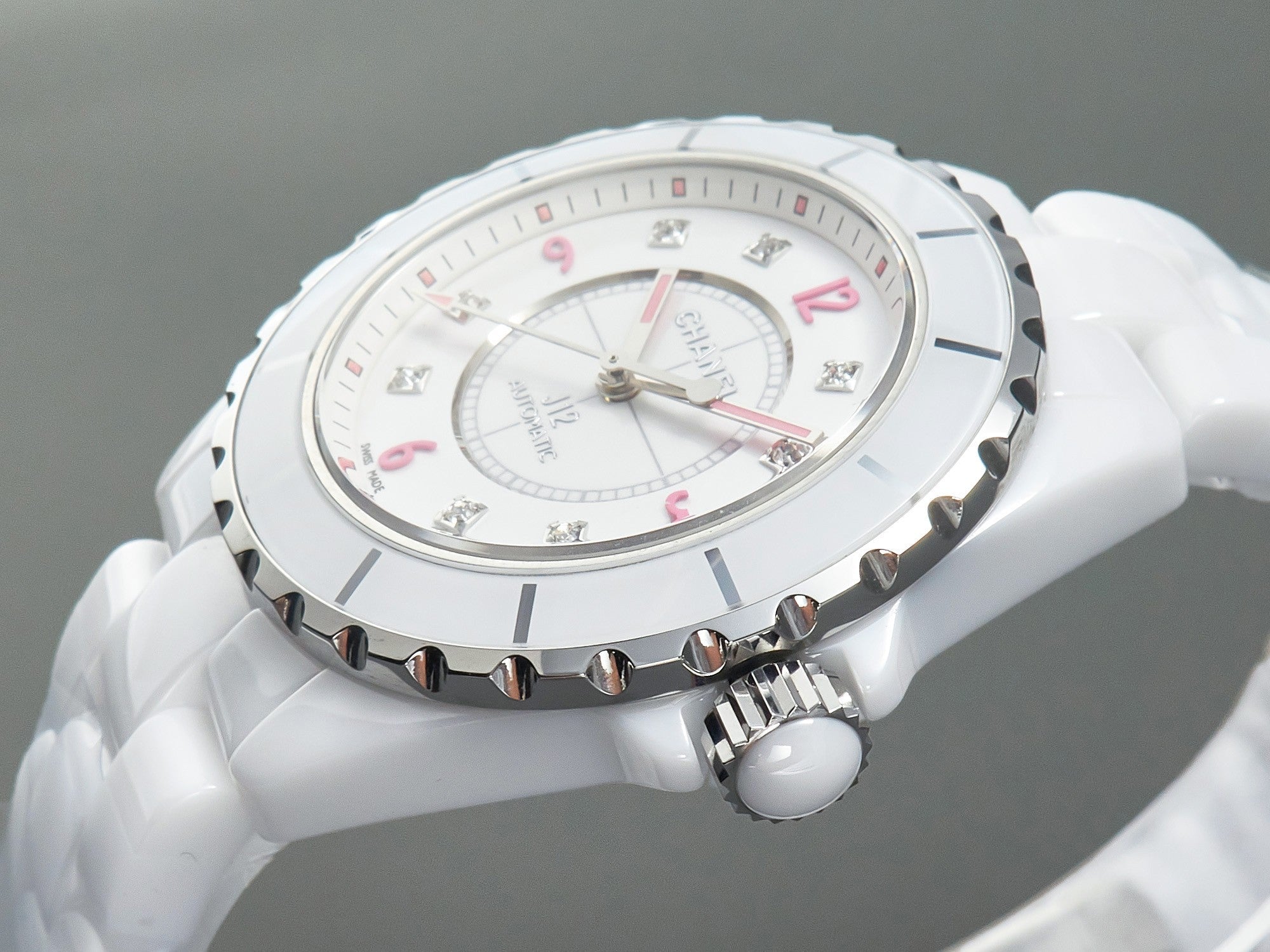 J12 Automatic White Ceramic Pink Diamond Numerals White Dial