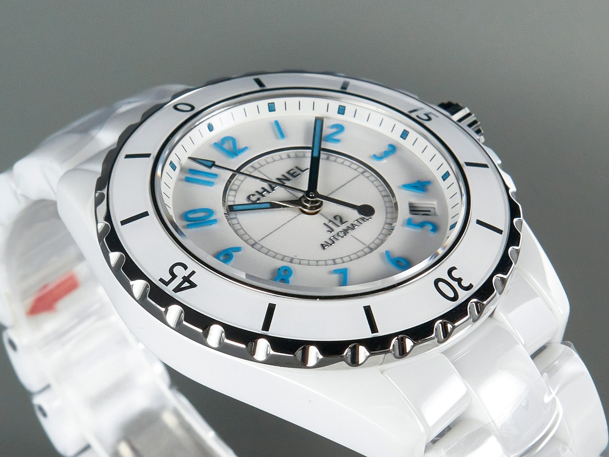J12 Date Automatic White Ceramic Blue Numerals White Dial