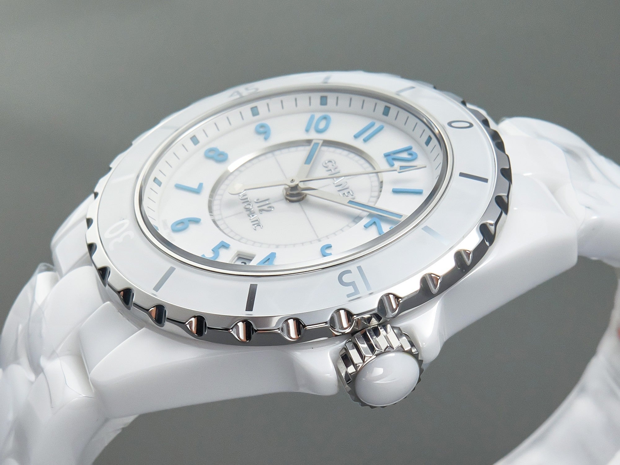 J12 Date Automatic White Ceramic Blue Numerals White Dial