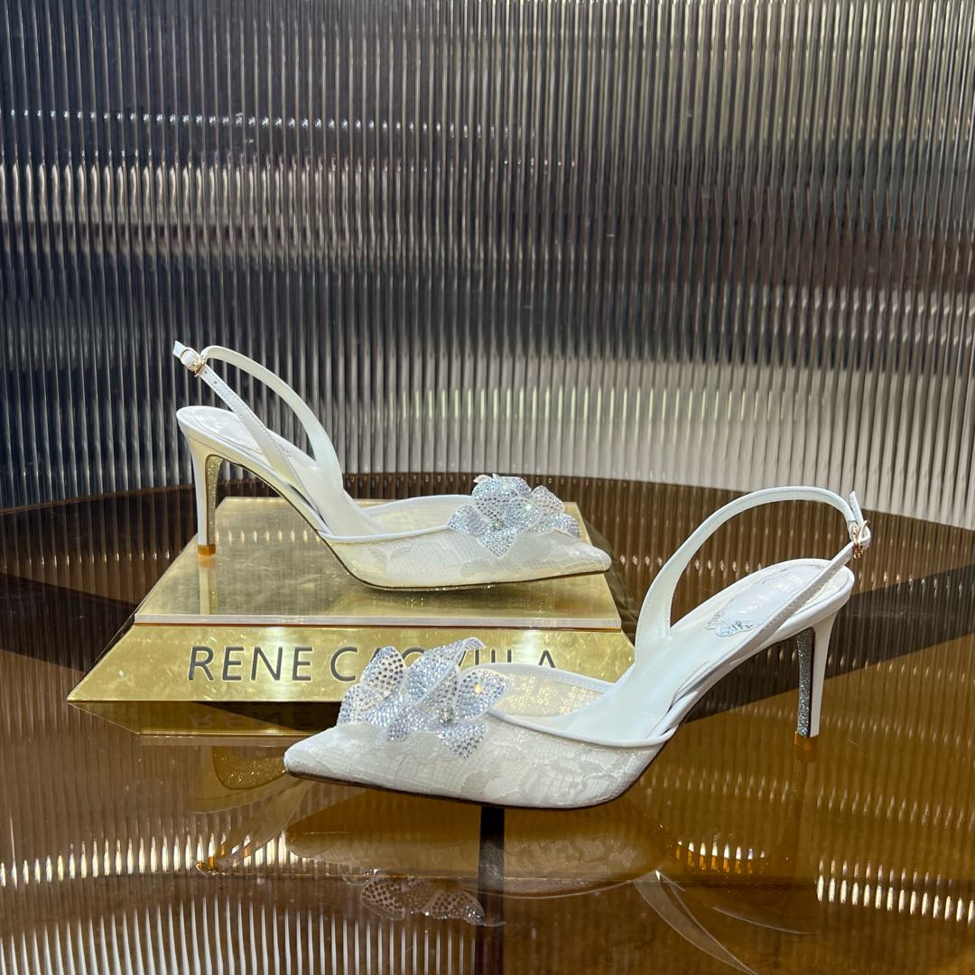 RC 25C Flower-Studded Diamond High-Heeled Sandals White Sheepskin 174905