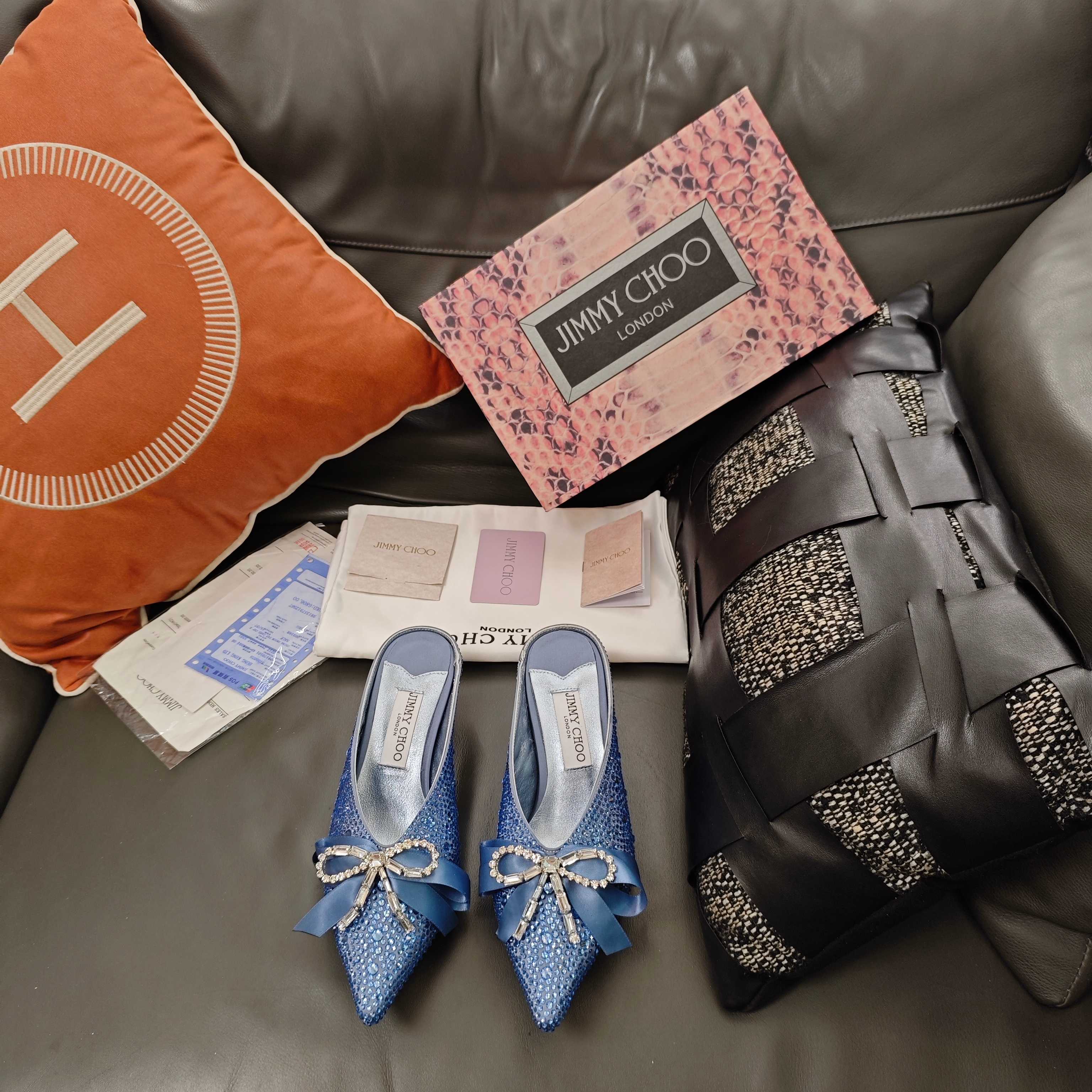 Jimmy 26s Crystal Slipper 45 Blue Silk Satin Cowhide 596342