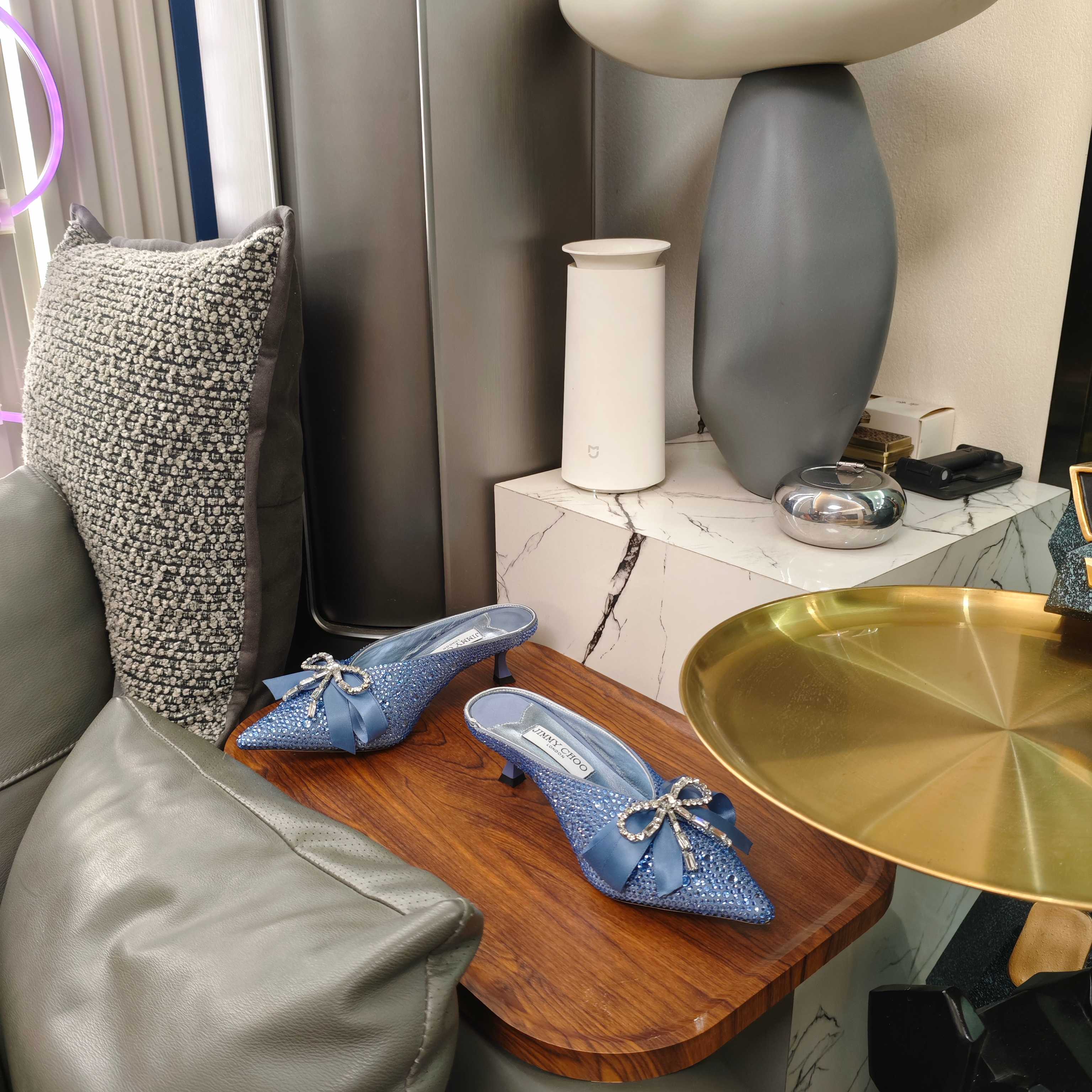 Jimmy 26s Crystal Slipper 45 Blue Silk Satin Cowhide 596342