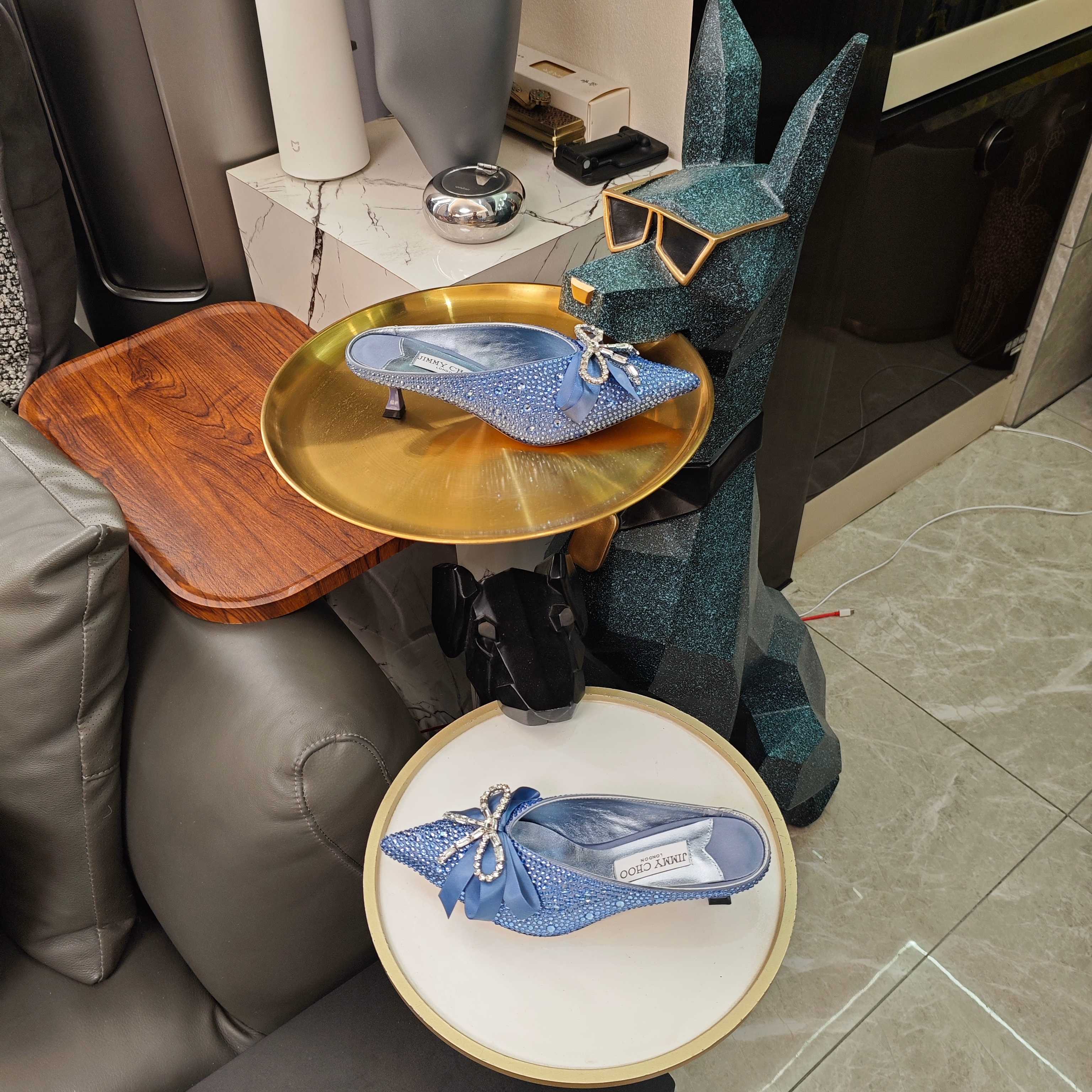 Jimmy 26s Crystal Slipper 45 Blue Silk Satin Cowhide 596342