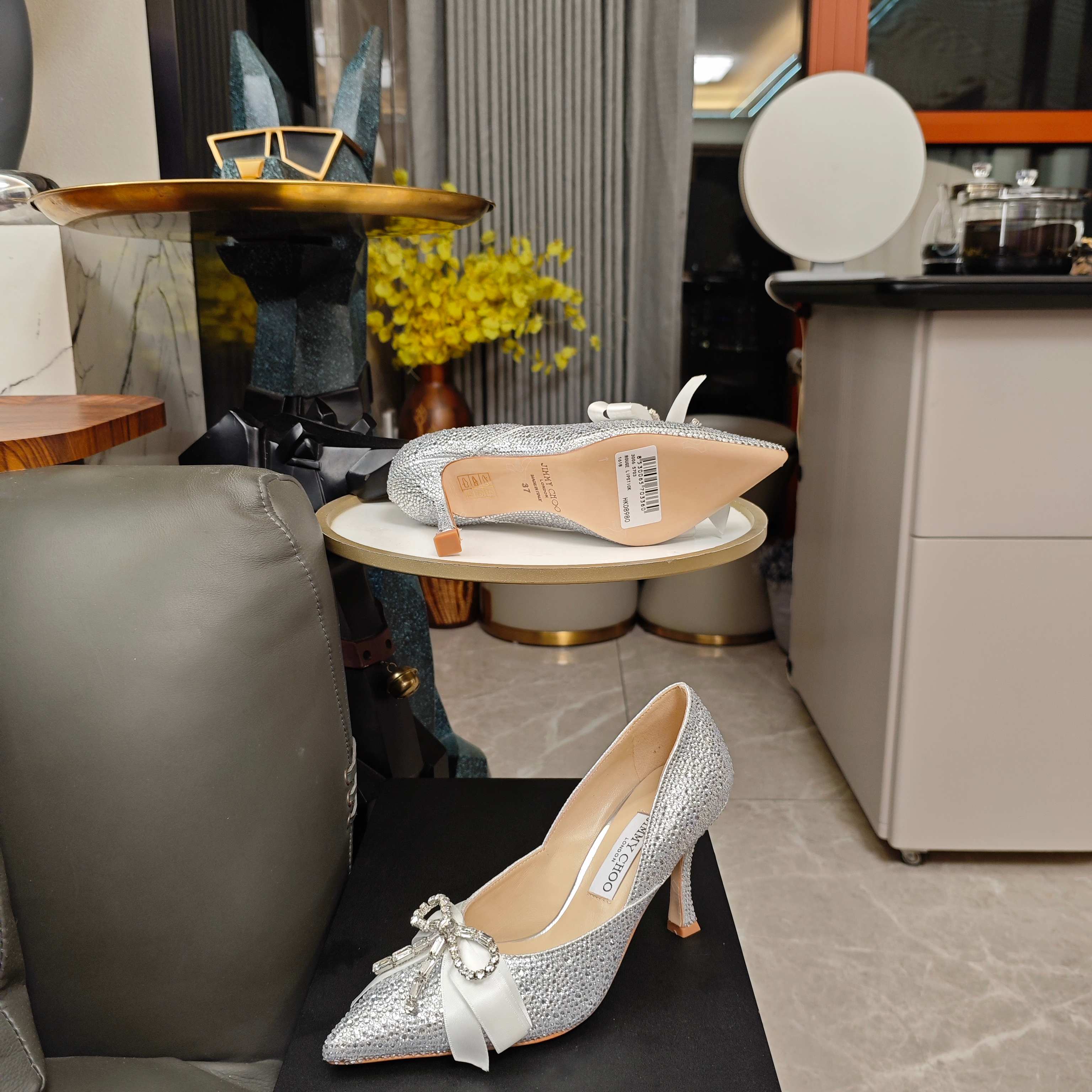 Jimmy 26s Crystal Pumps 85 Sliver Silk Satin Cowhide 596332