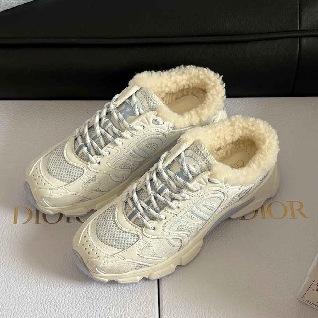 Dior 25 Chrono Sneakers Cream Blue Mesh Calfskin 531391