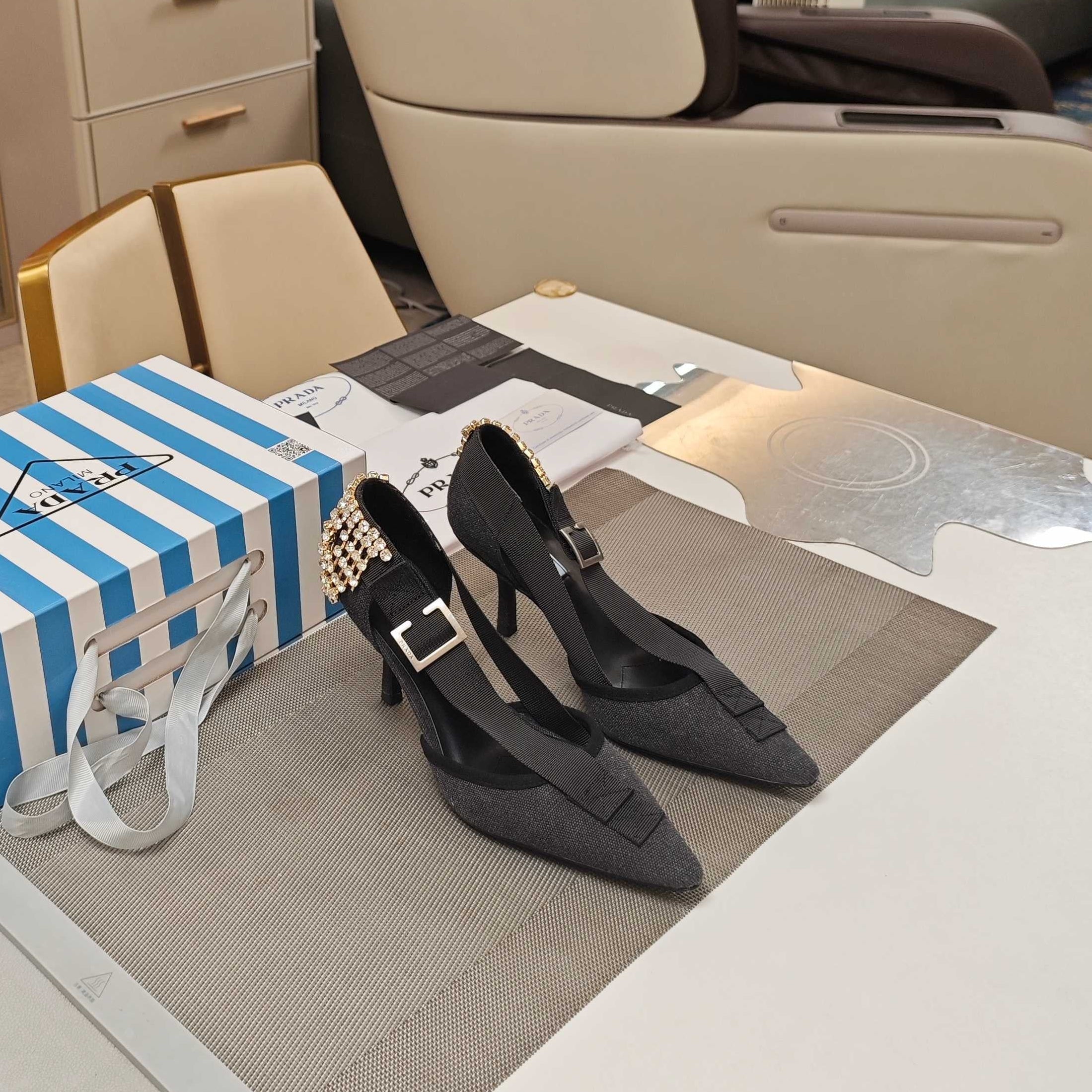 PRA 26S High Heel Pump 70 Black Canvas Rhinestones 630568