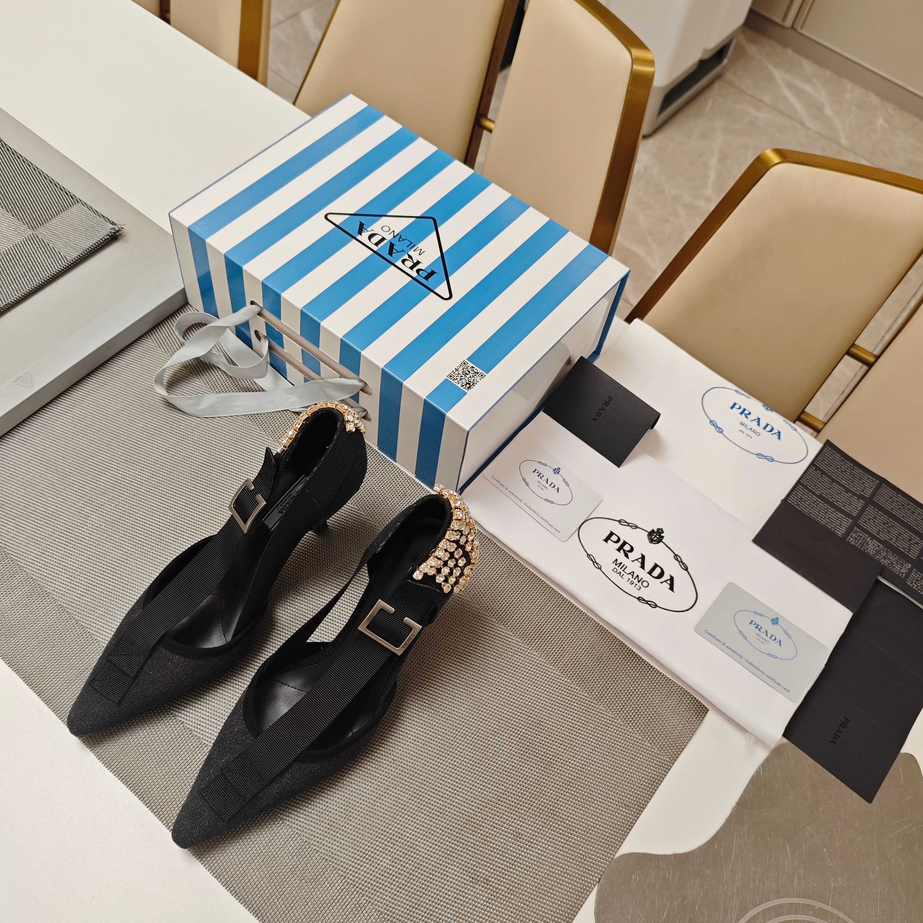 PRA 26S High Heel Pump 70 Black Canvas Rhinestones 630568