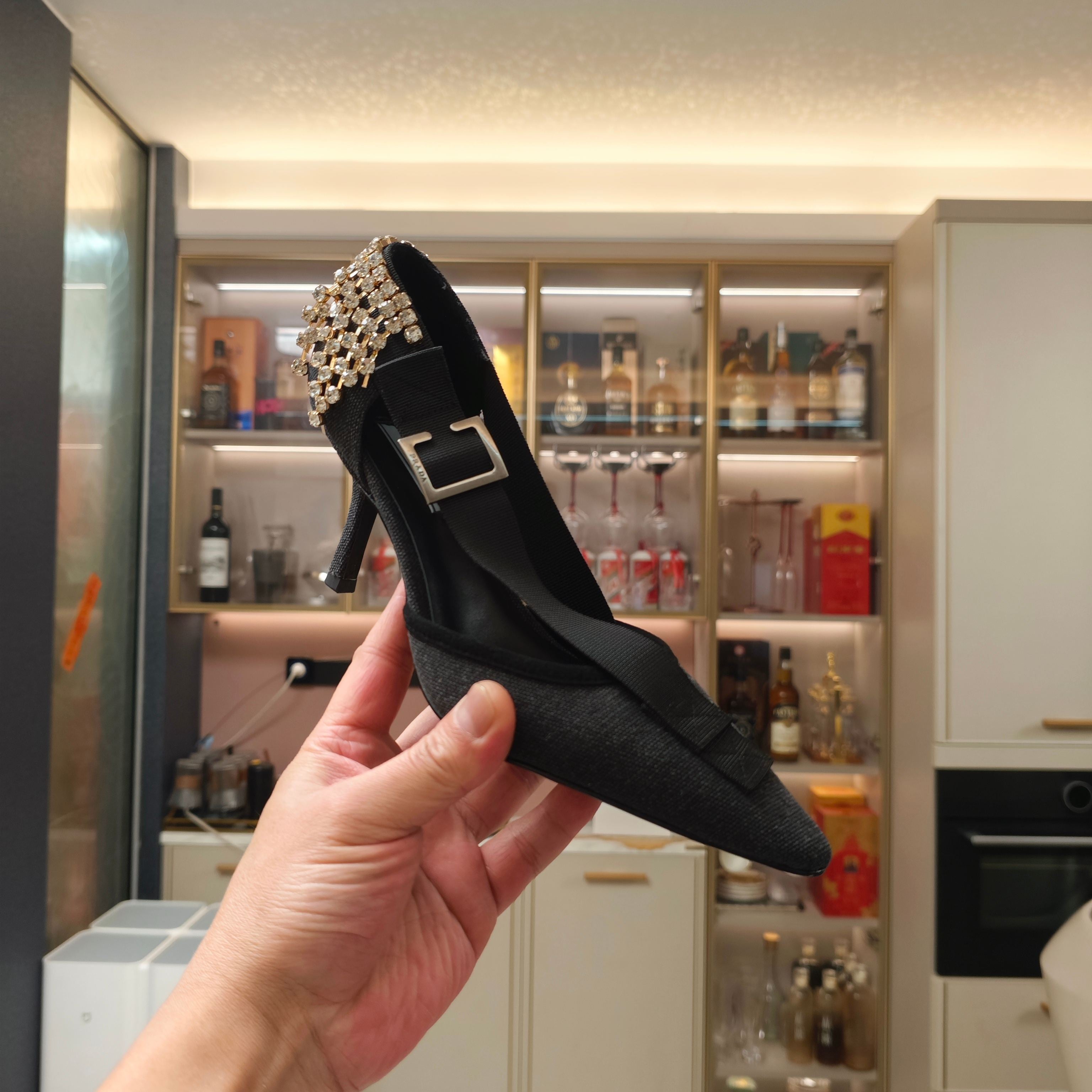 PRA 26S High Heel Pump 70 Black Canvas Rhinestones 630568