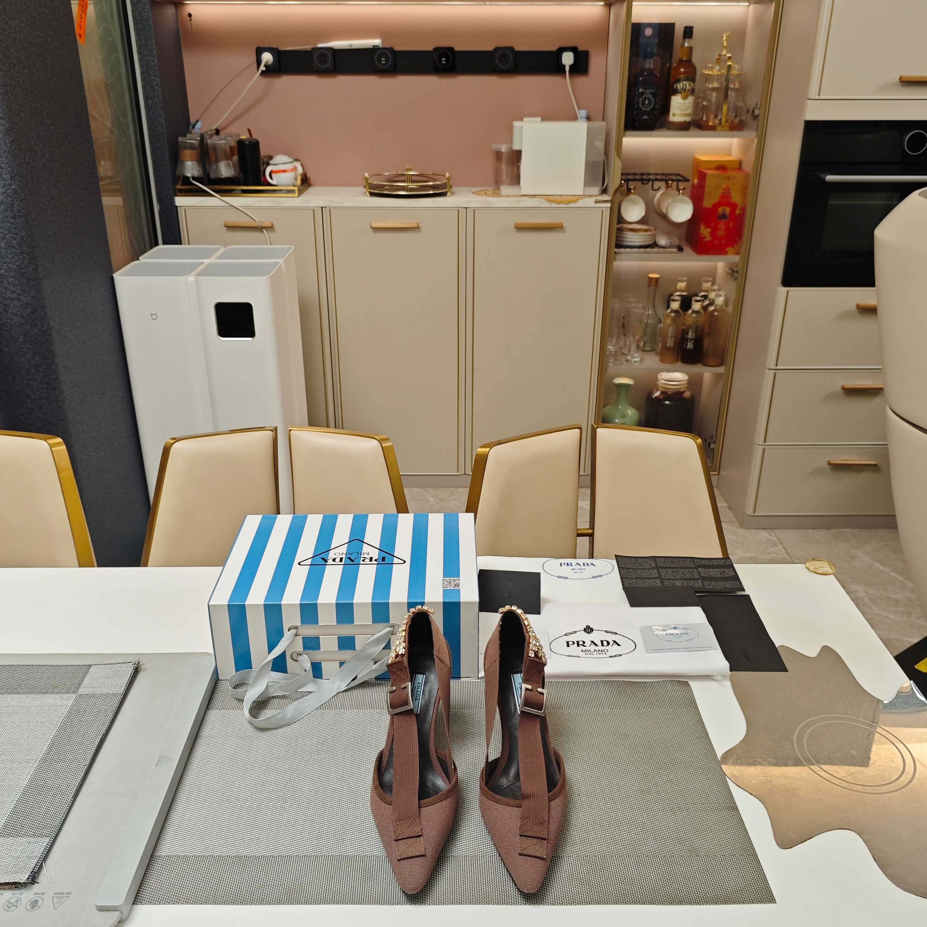 PRA 26S High Heel Pump 70 Brown Canvas Rhinestones 630569