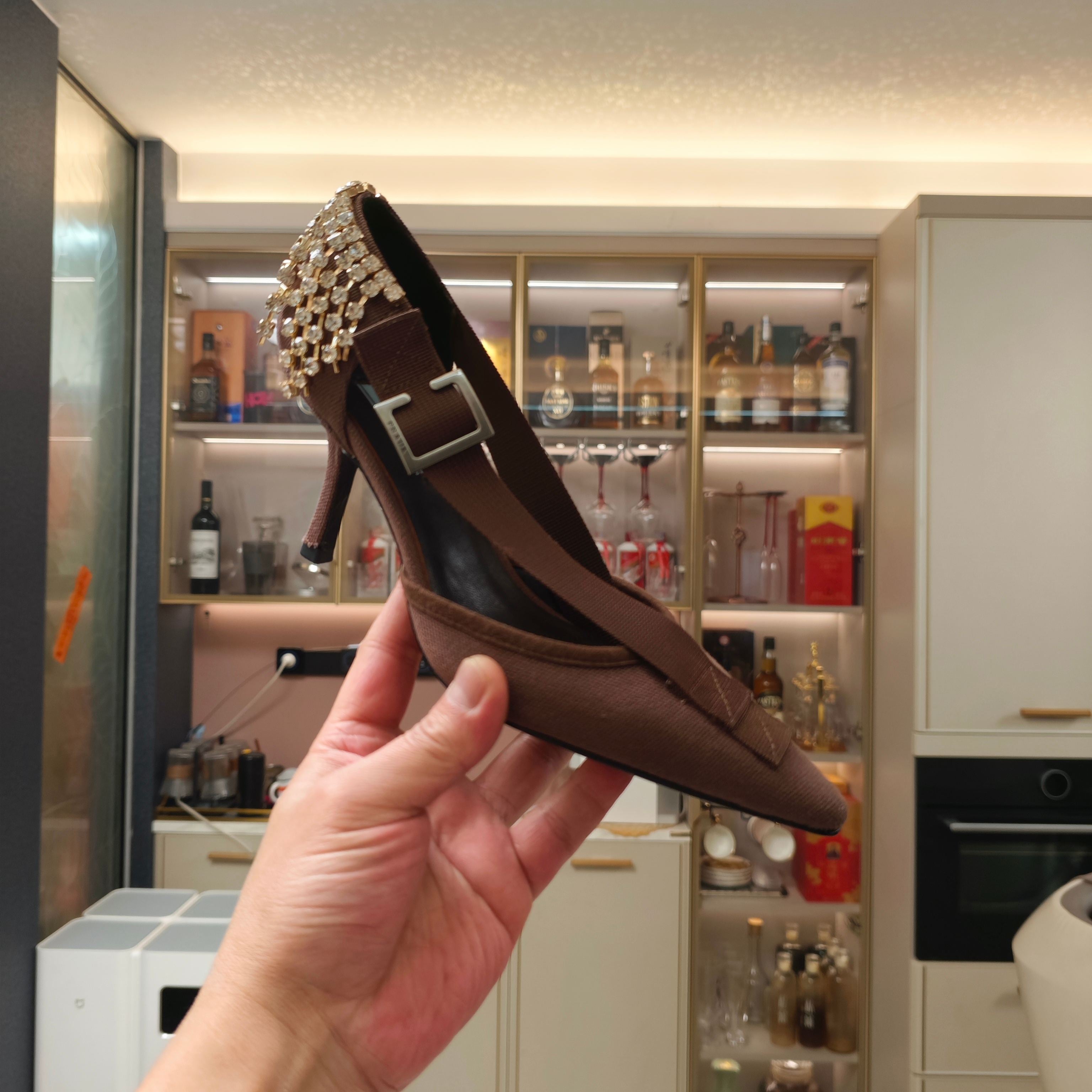 PRA 26S High Heel Pump 70 Brown Canvas Rhinestones 630569