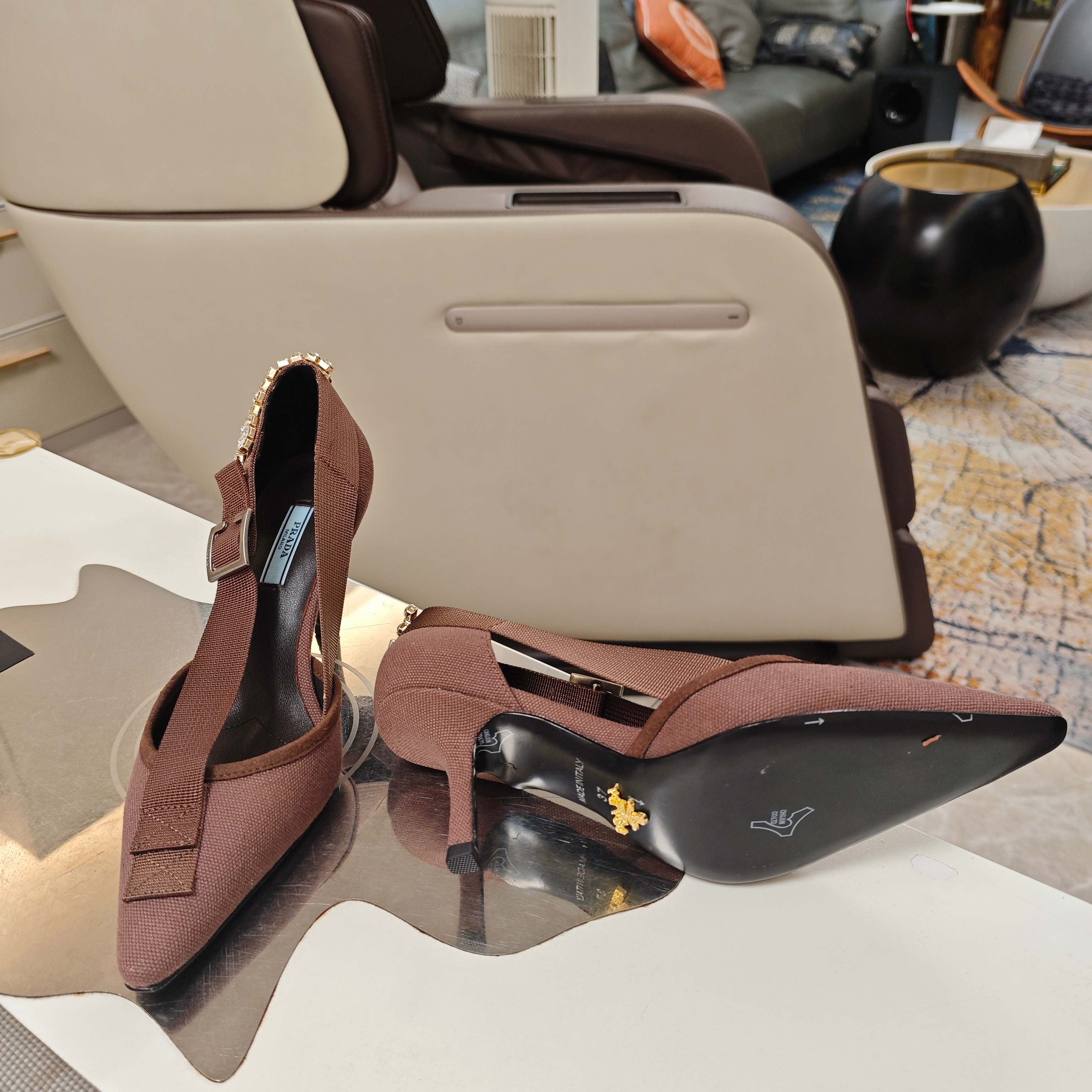 PRA 26S High Heel Pump 70 Brown Canvas Rhinestones 630569