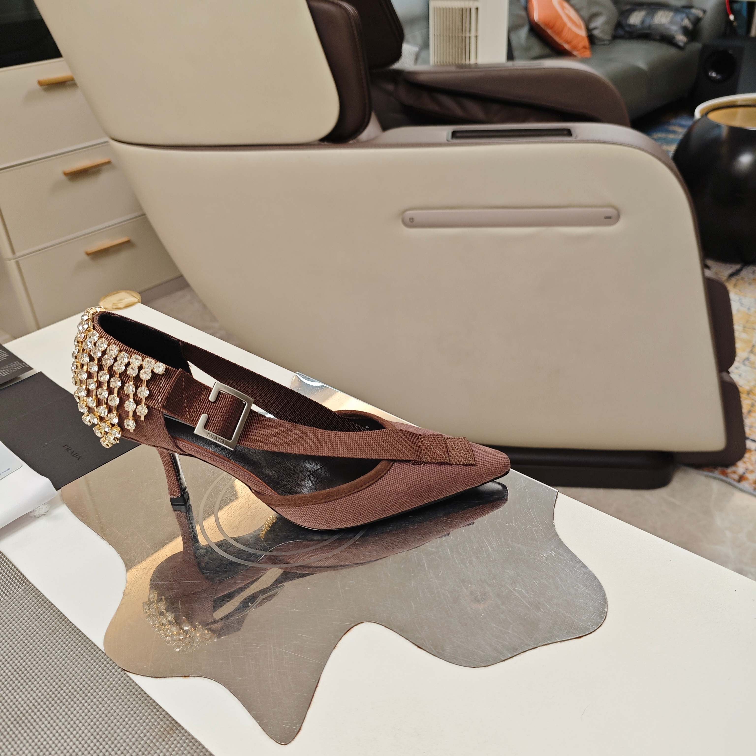 PRA 26S High Heel Pump 70 Brown Canvas Rhinestones 630569