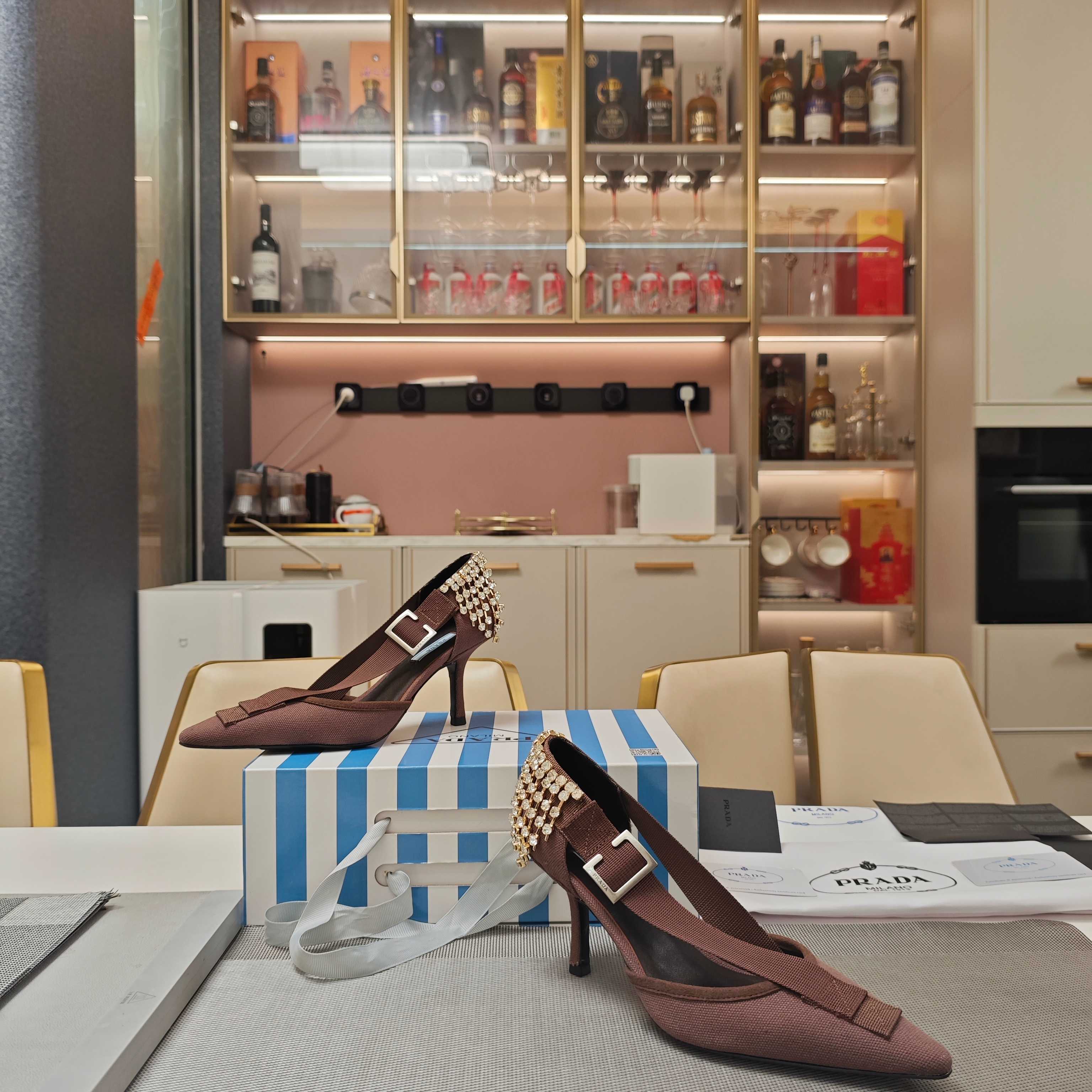 PRA 26S High Heel Pump 70 Brown Canvas Rhinestones 630569