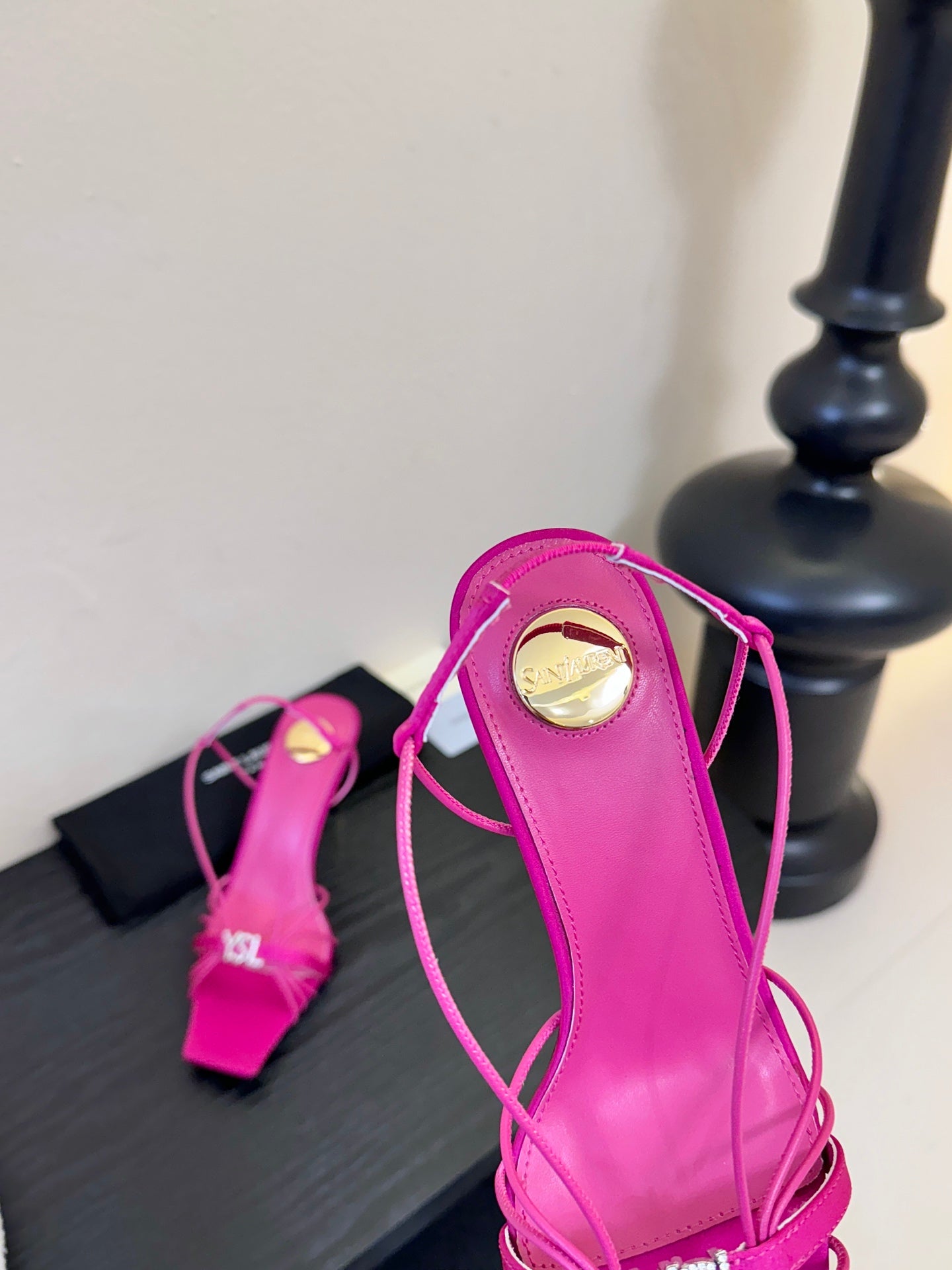 YSL 26ss Square Toe Sandals 70 Bright Pink Silk Sheepskin 651707