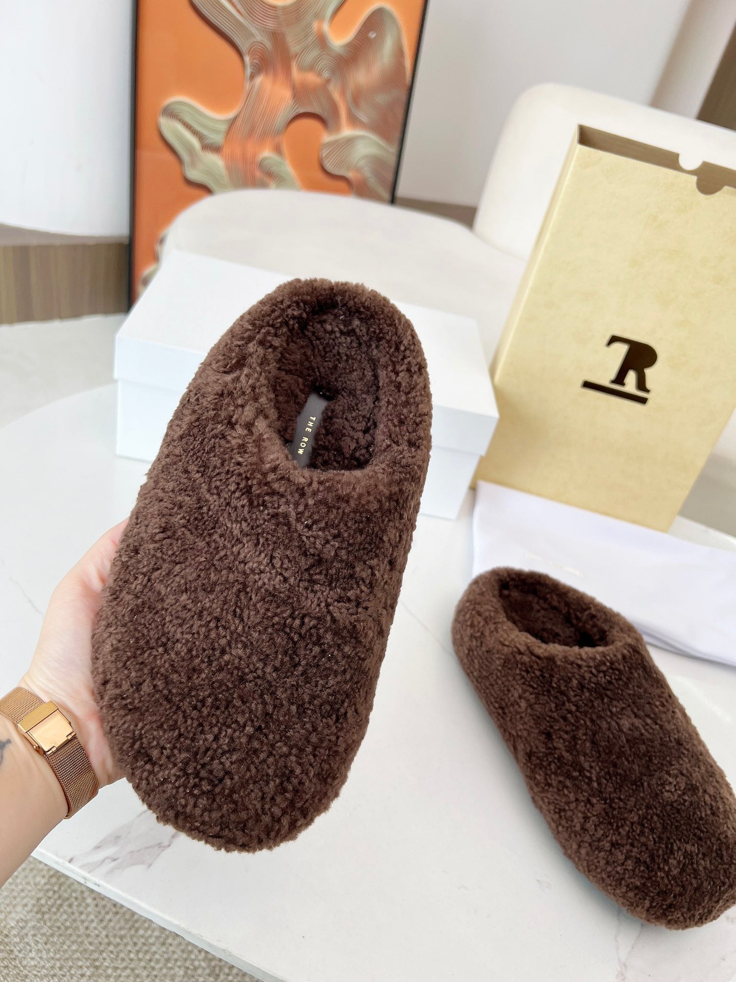 The Row 2025 Retro Oversized Toe Birkenstock Slipper Dark Brown Wool 576031