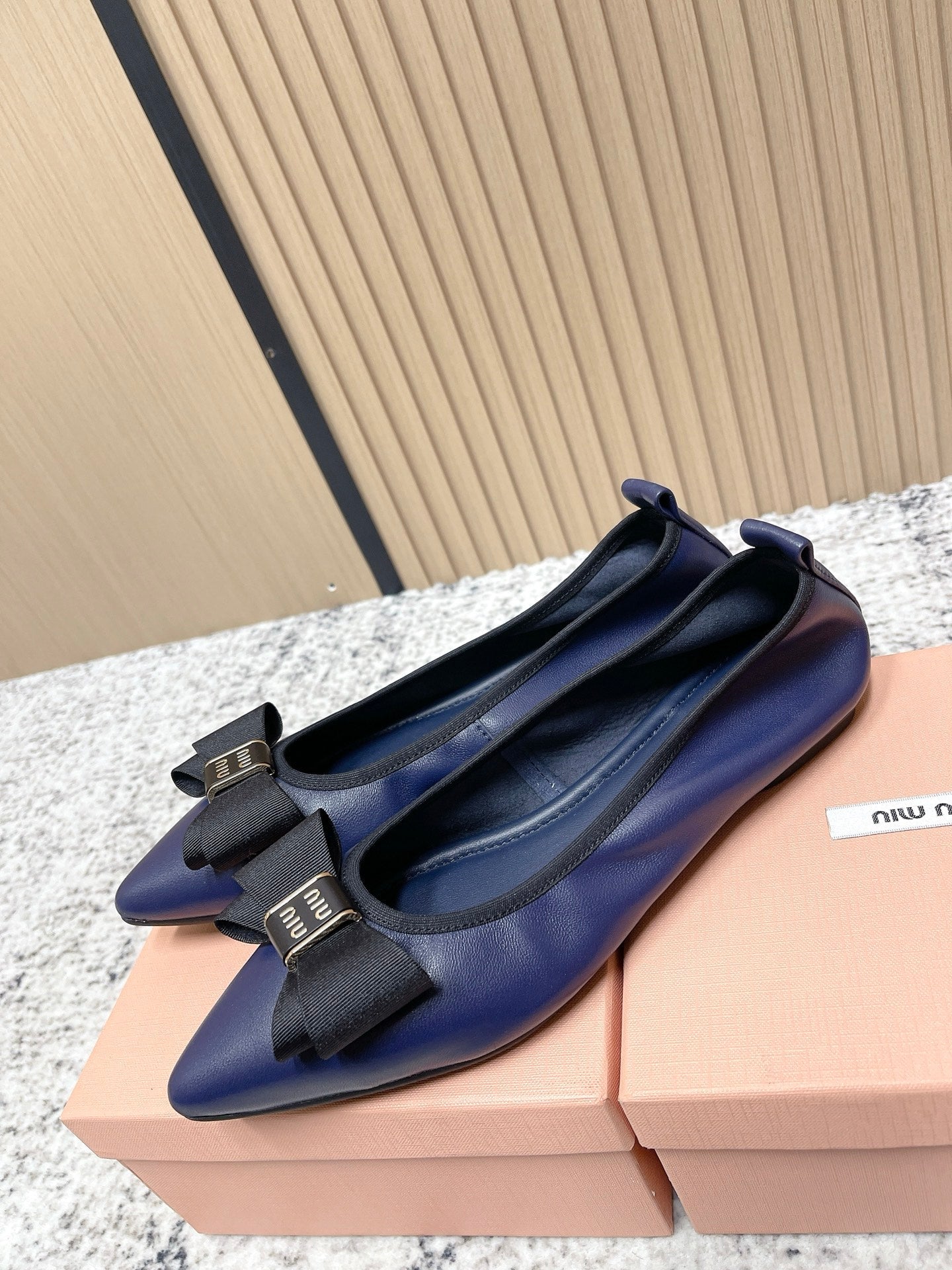 Miu Pointed-Toe Ballet Flats Navy Blue Sheepskin 591563