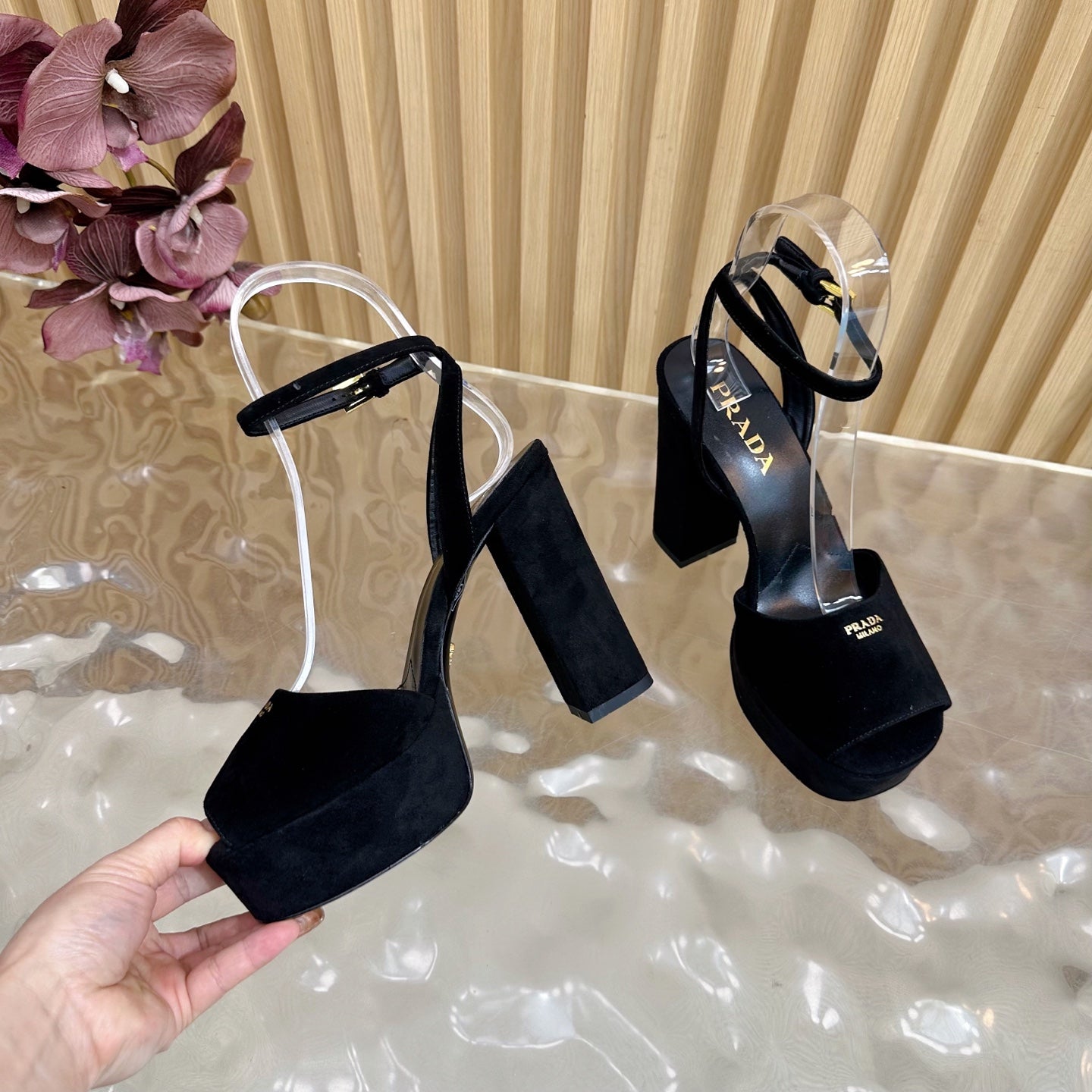 Prada 2025 Platform Sandals Black Velvet Leather 537730