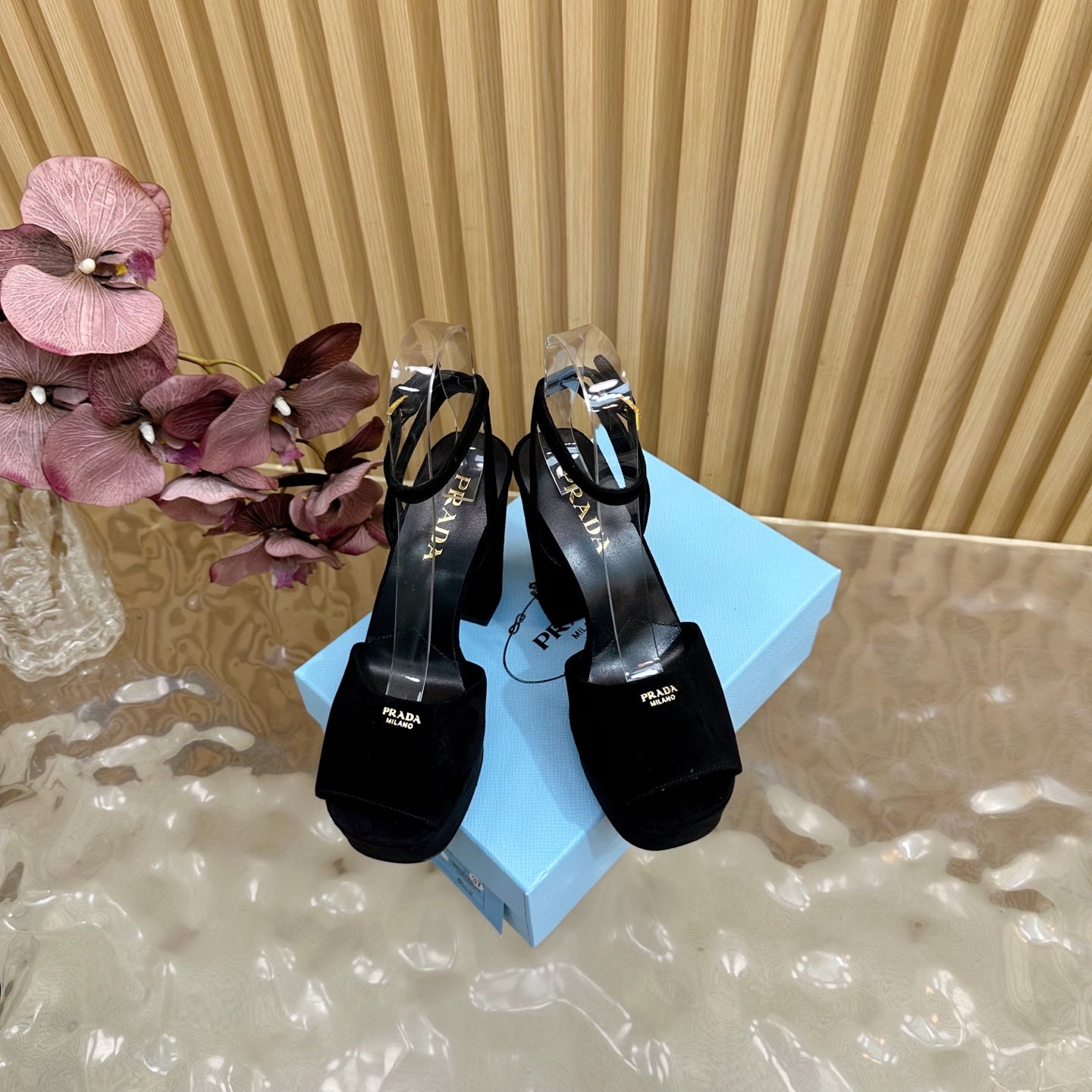 Prada 2025 Platform Sandals Black Velvet Leather 537730