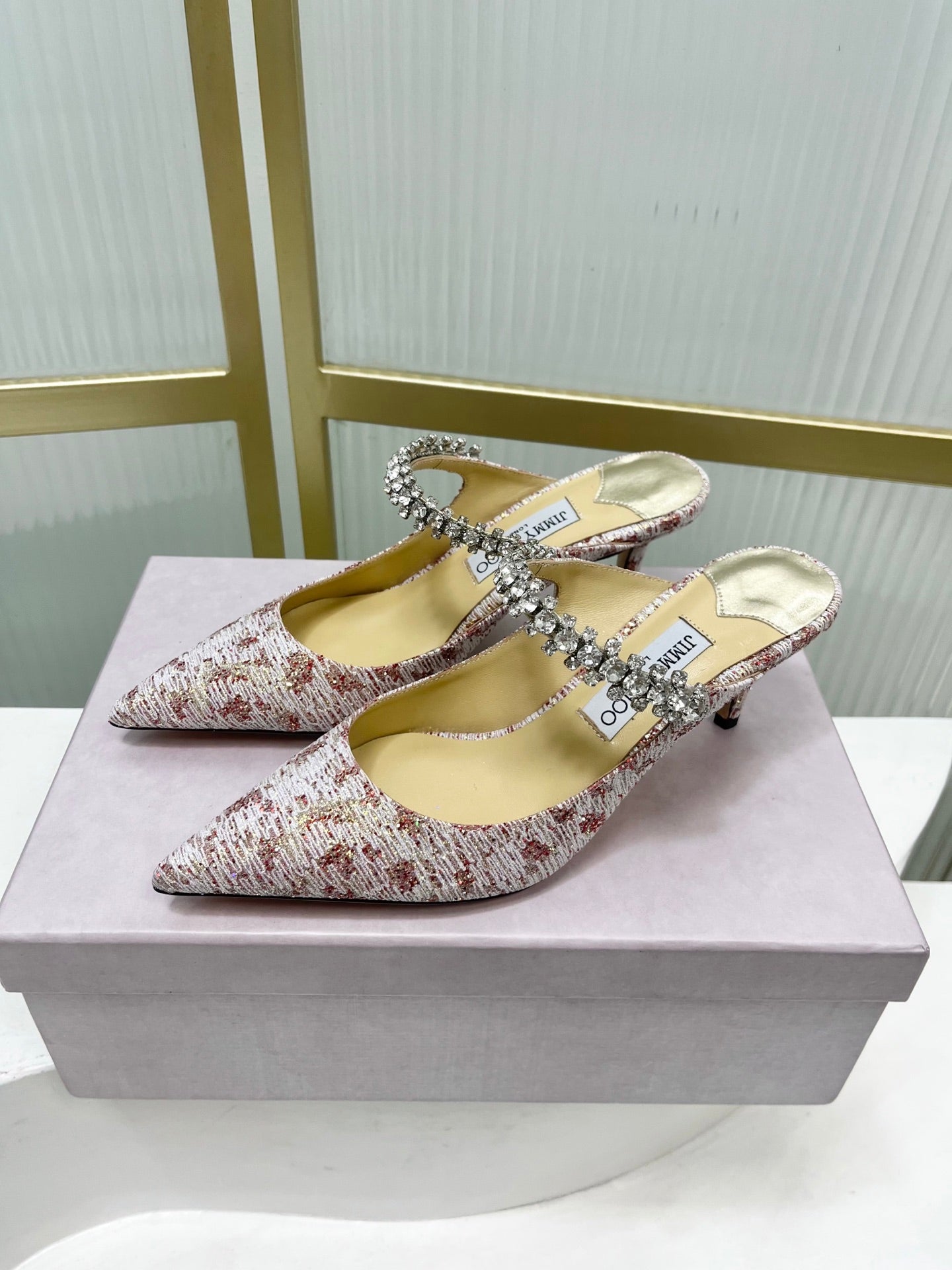 Jimmy 26s Heel Mules 65 White Red Sequins Sheepskin Diamond 605944