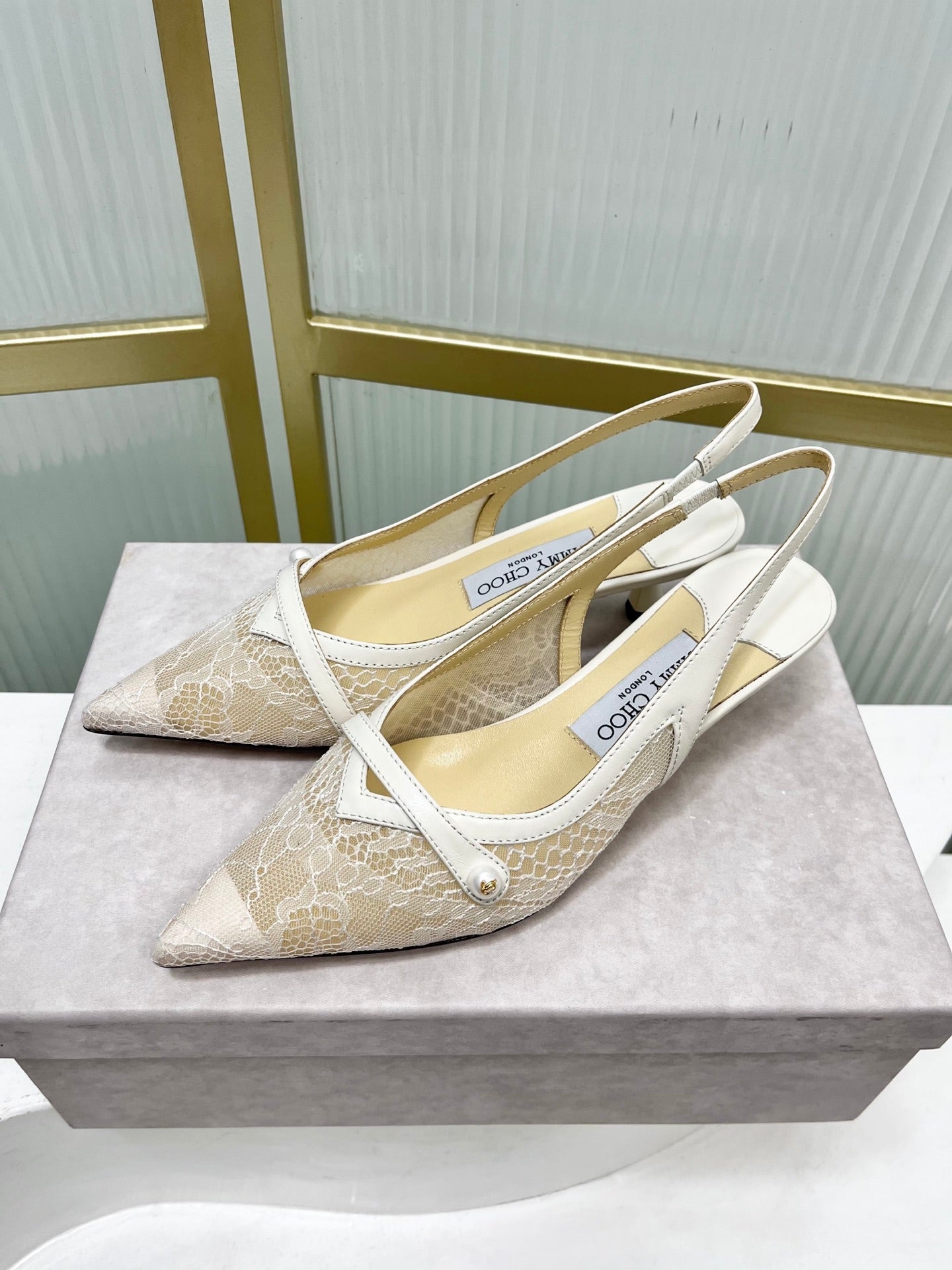 Jimmy 26s Slingback 45 White Beige Lace Sheepskin 605963
