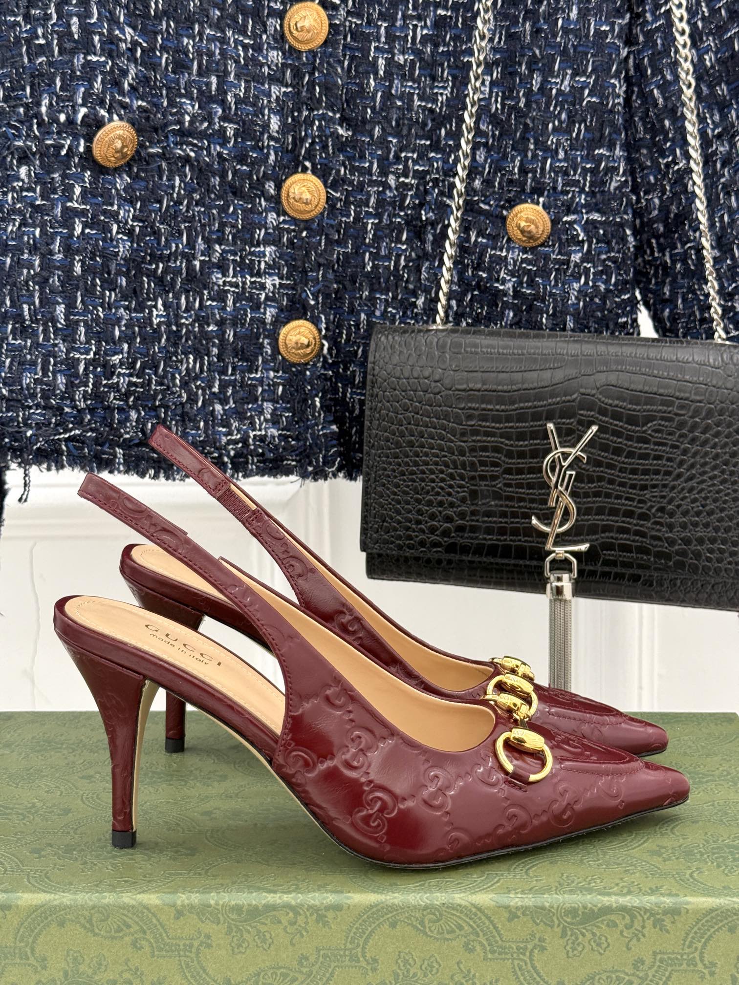 GG Horsebit Slingback 85MM Burgundy GG Leather Point Toe