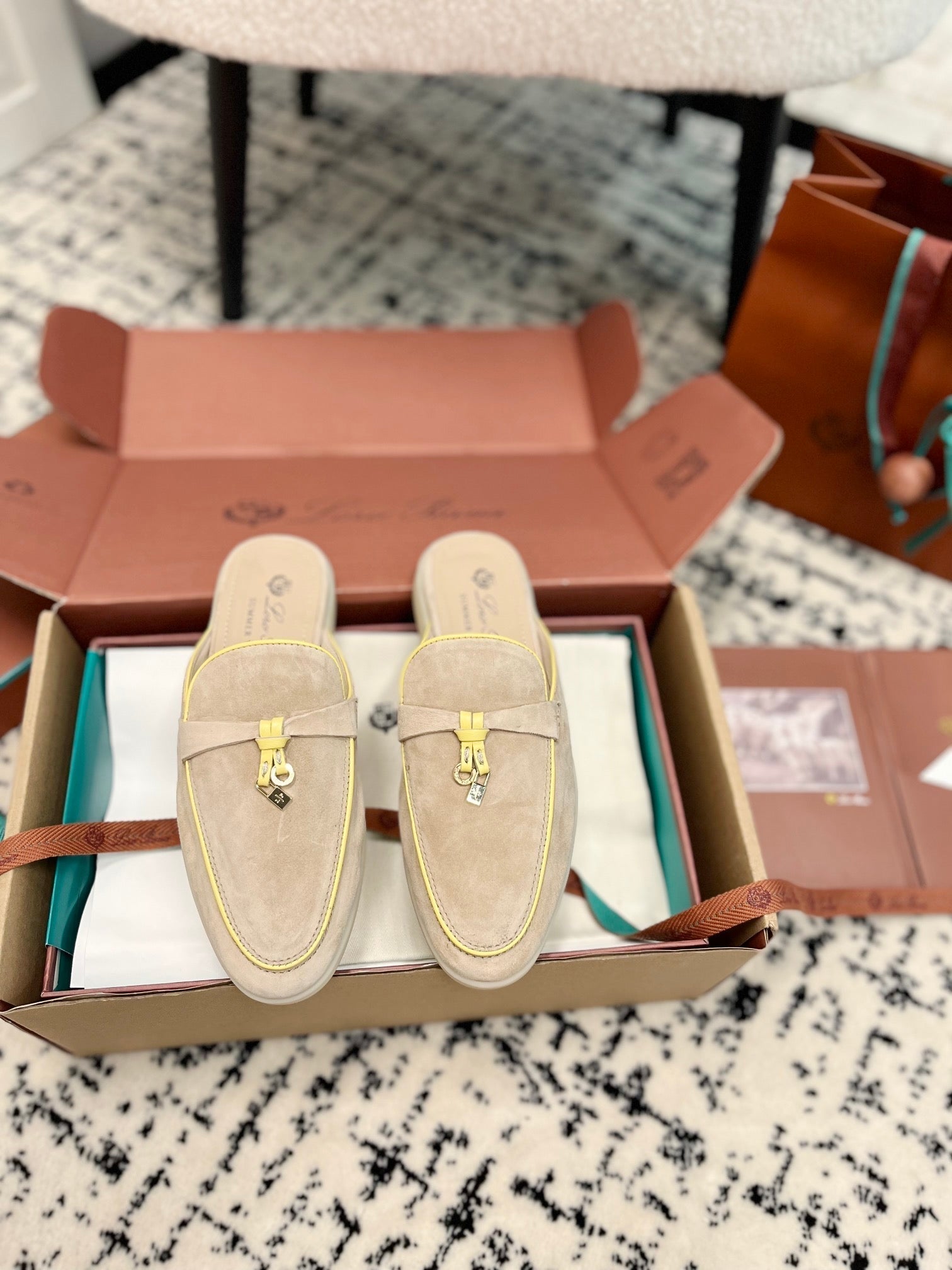 Loro Piana Beige Yellow Suede Charms Walk Flat Mules