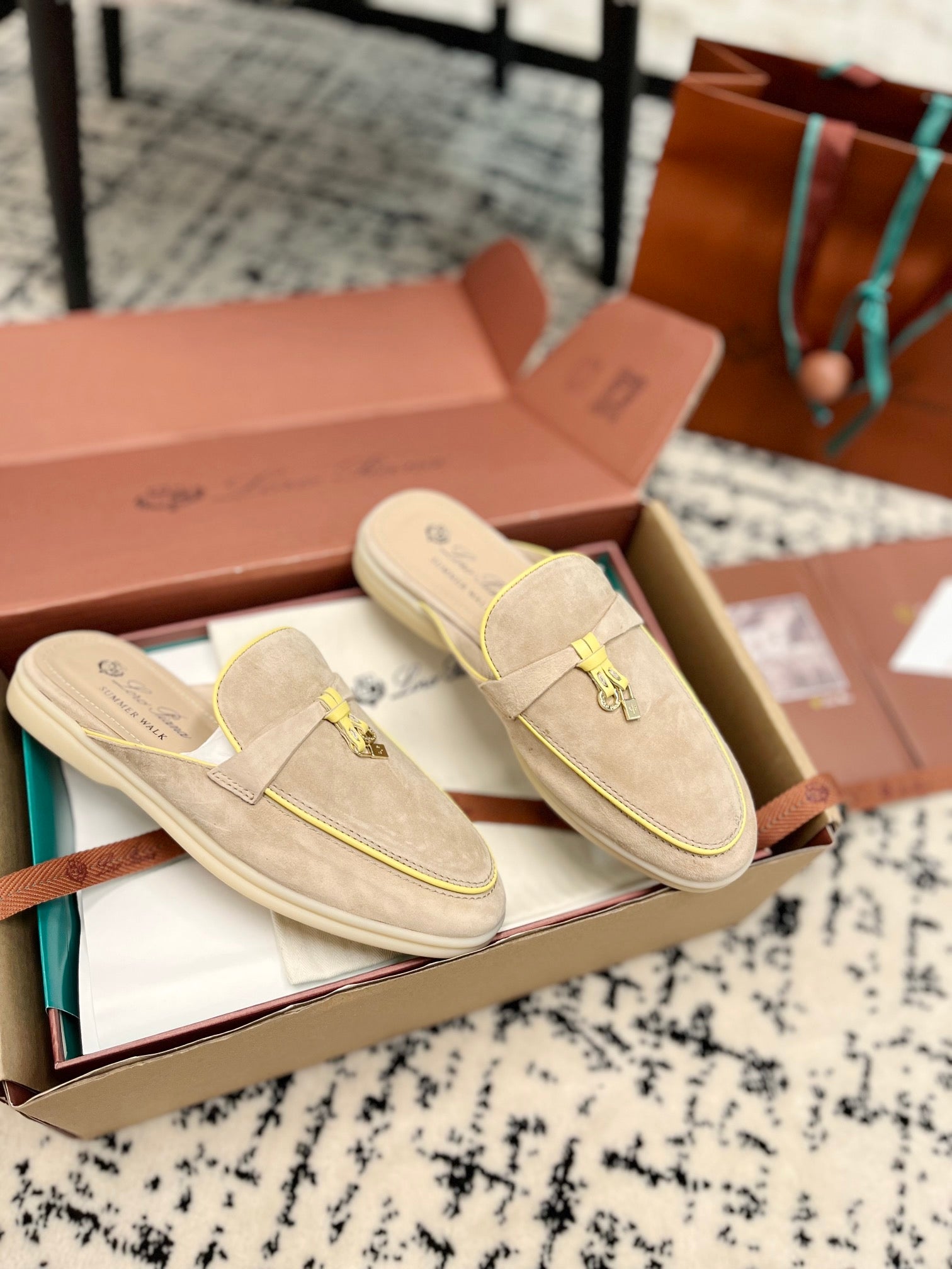 Loro Piana Beige Yellow Suede Charms Walk Flat Mules