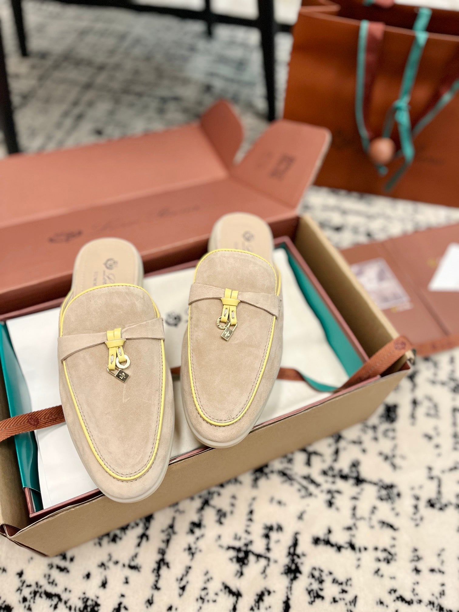 Loro Piana Beige Yellow Suede Charms Walk Flat Mules