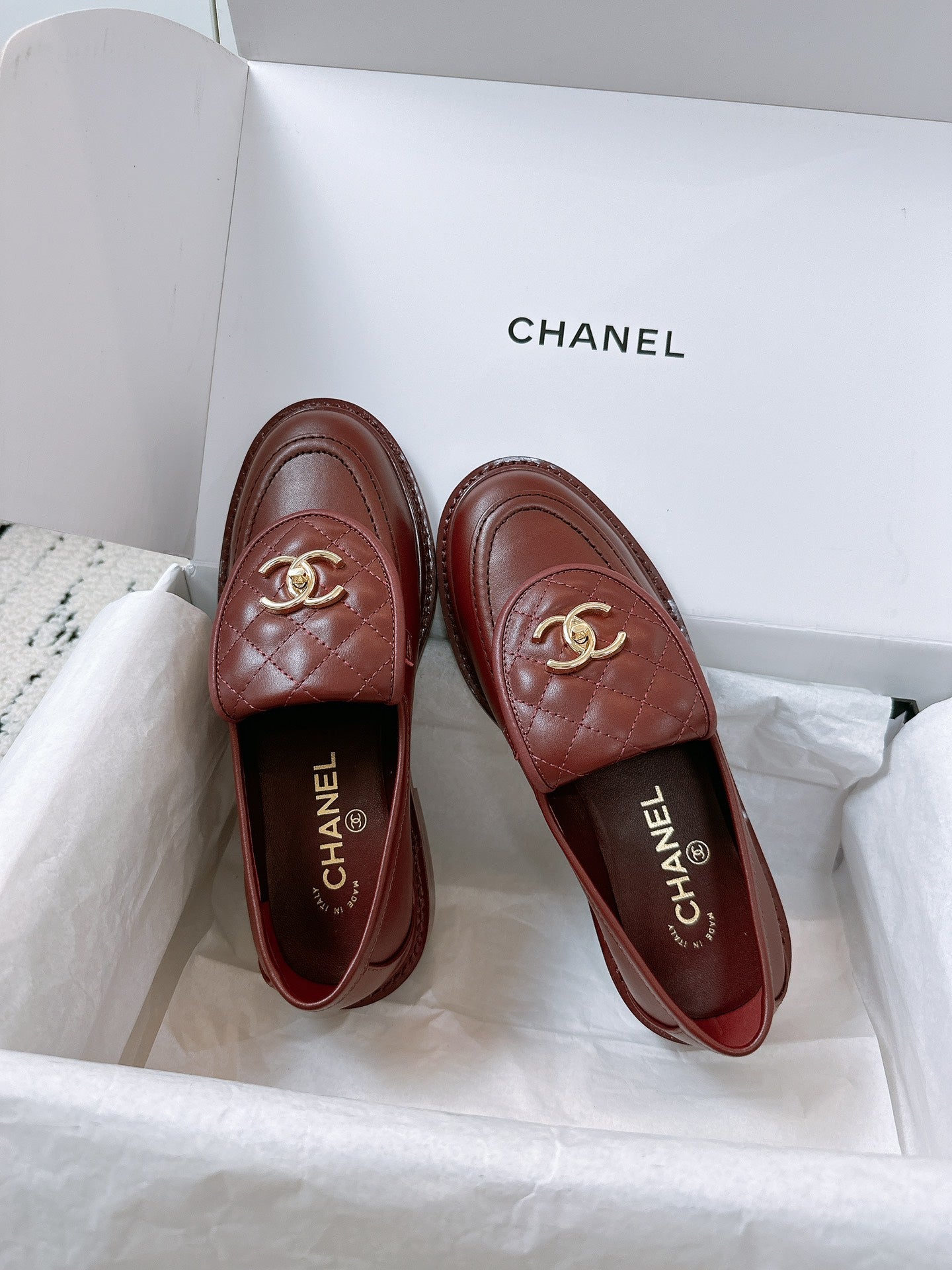 Chanel 2025 Moccasins Loafer Dark Burgundy Leather 144653