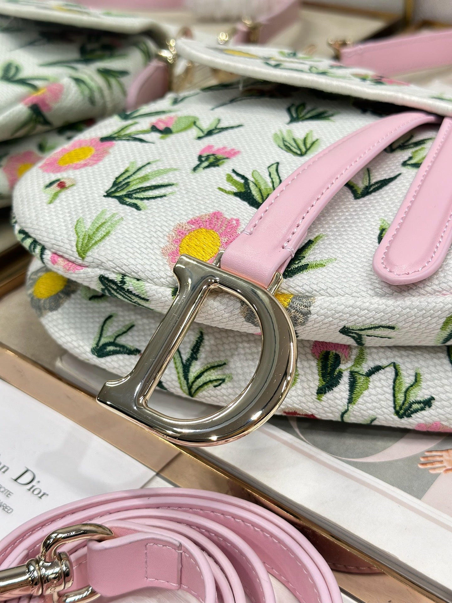 Dior 2026 Pink Flower Saddle Bag 25.5cm White Mix Colors Canvas Leather 154974