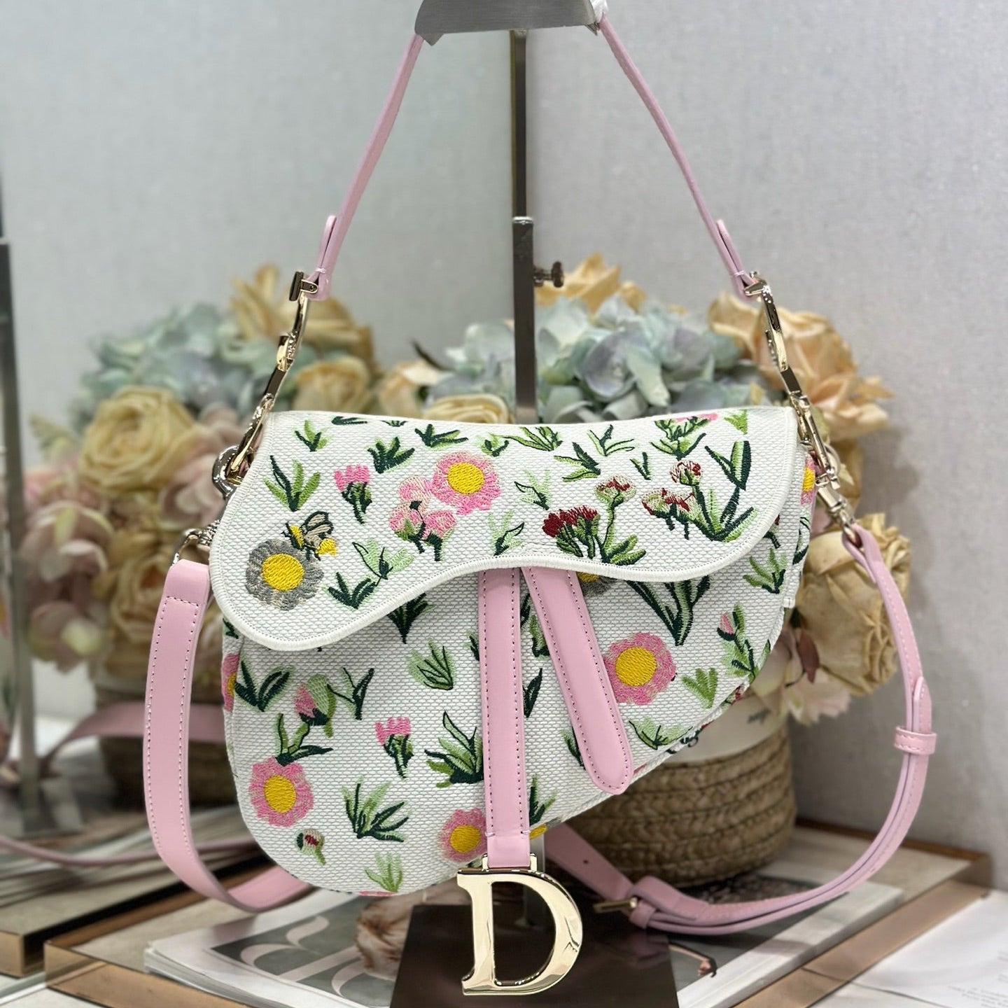 Dior 2026 Pink Flower Saddle Bag 25.5cm White Mix Colors Canvas Leather 154974