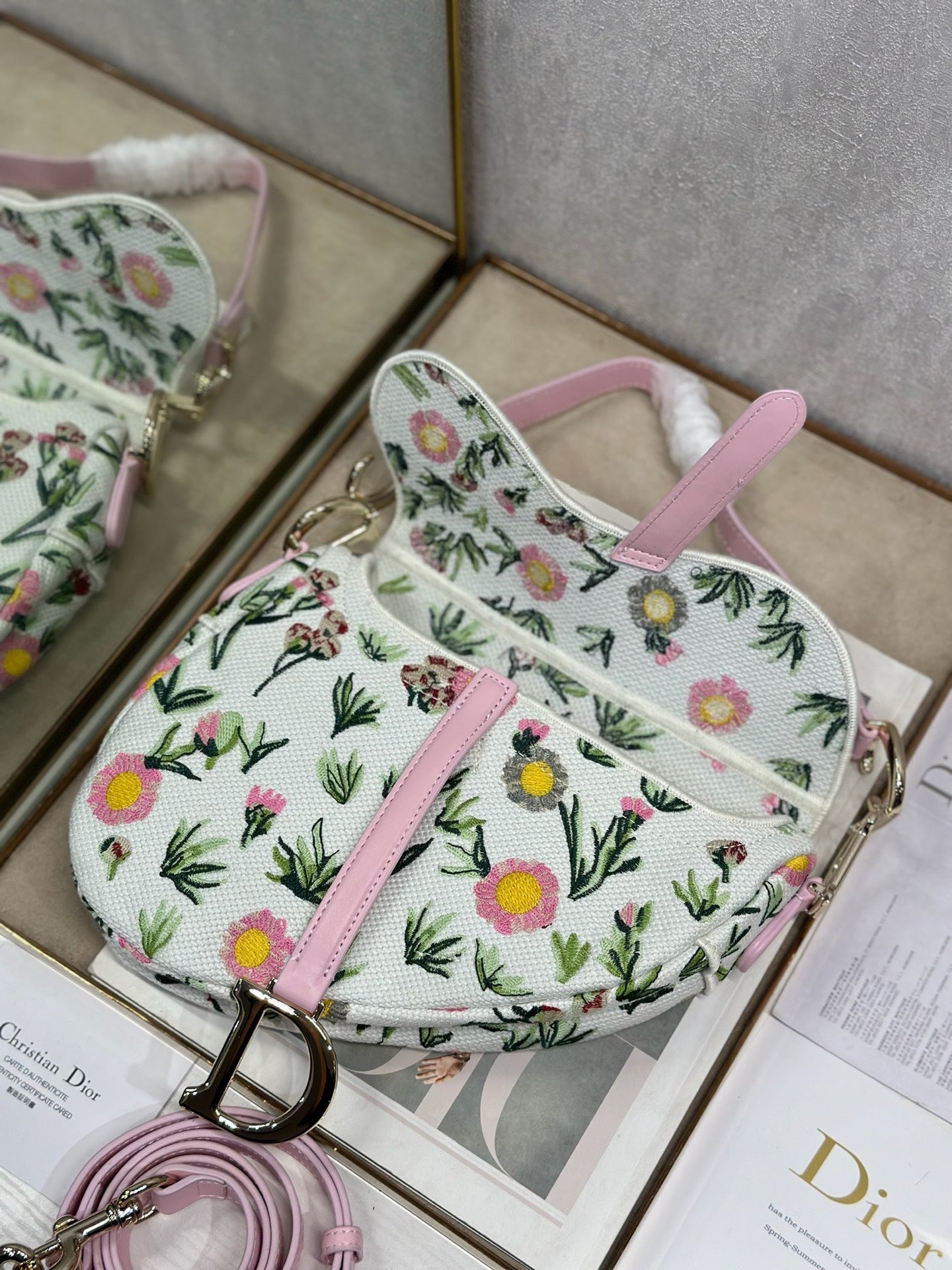 Dior 2026 Pink Flower Saddle Bag 25.5cm White Mix Colors Canvas Leather 154974