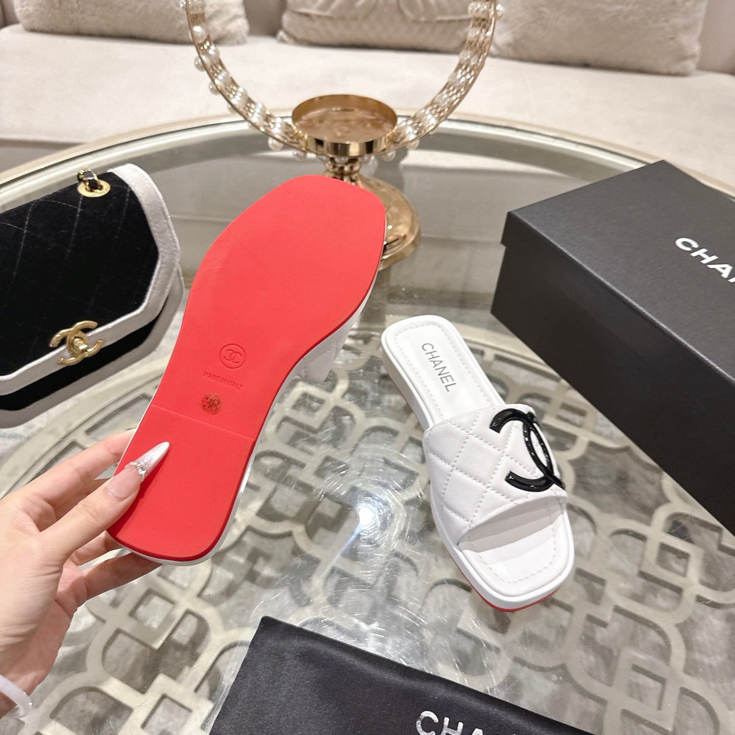 CC 26s Platform Slippers White Black  Sheepskin 627073