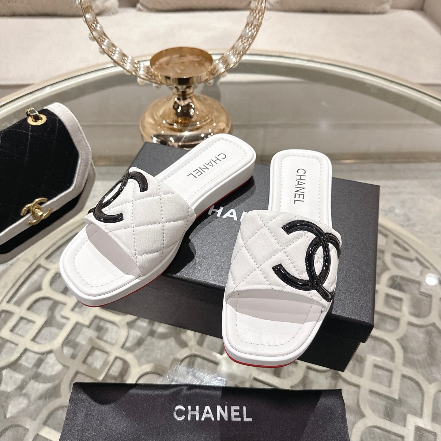 CC 26s Platform Slippers White Black  Sheepskin 627073