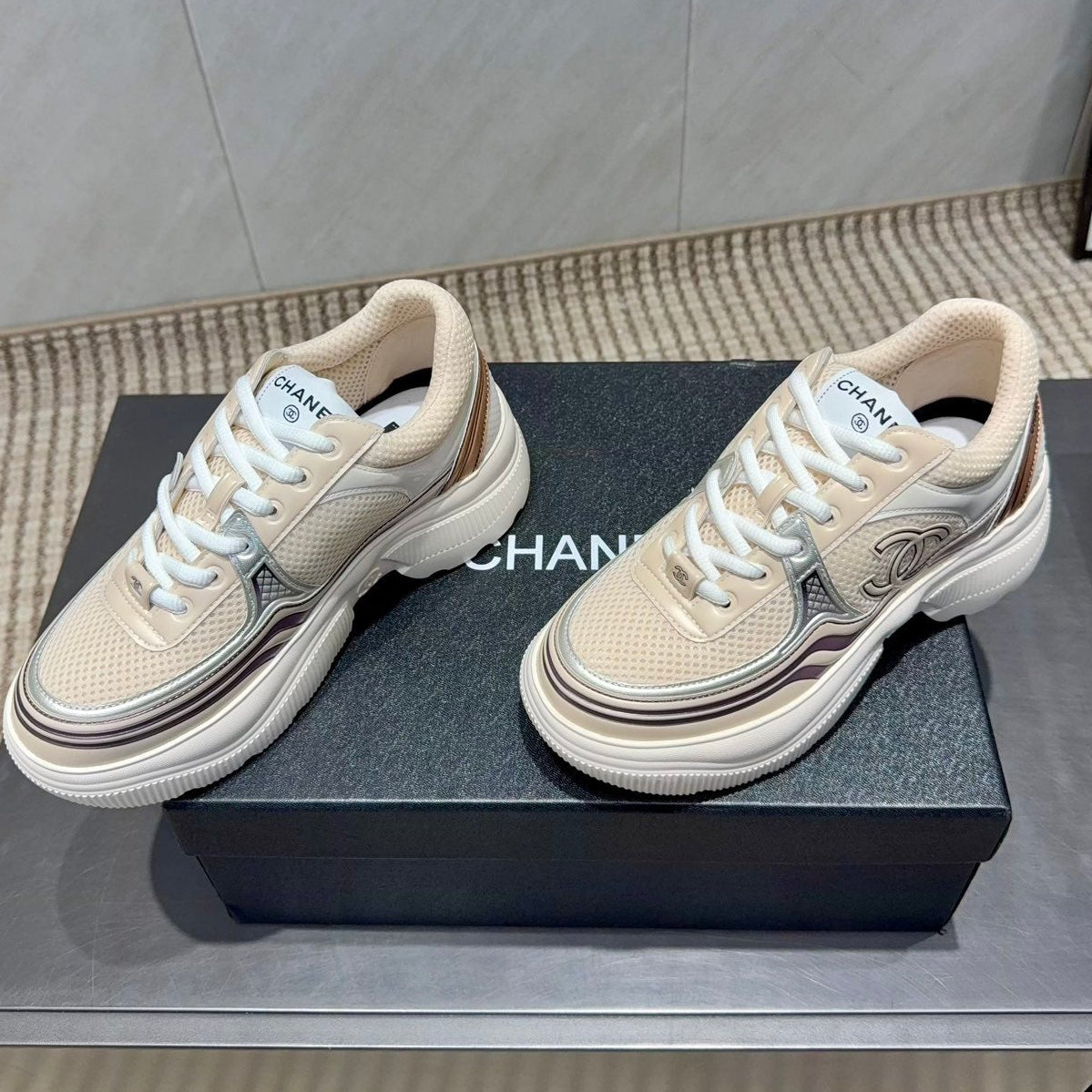 Chanel 25 Sneaker White Beige Silver Mesh Leather 540313