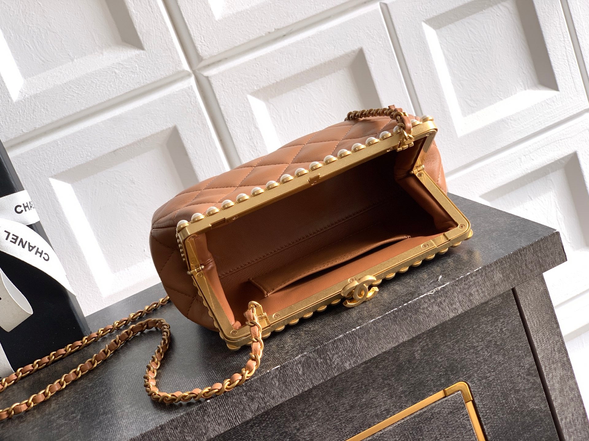 Chanel 2026 Pearl Clutch Brown Gold Lambskin 321879