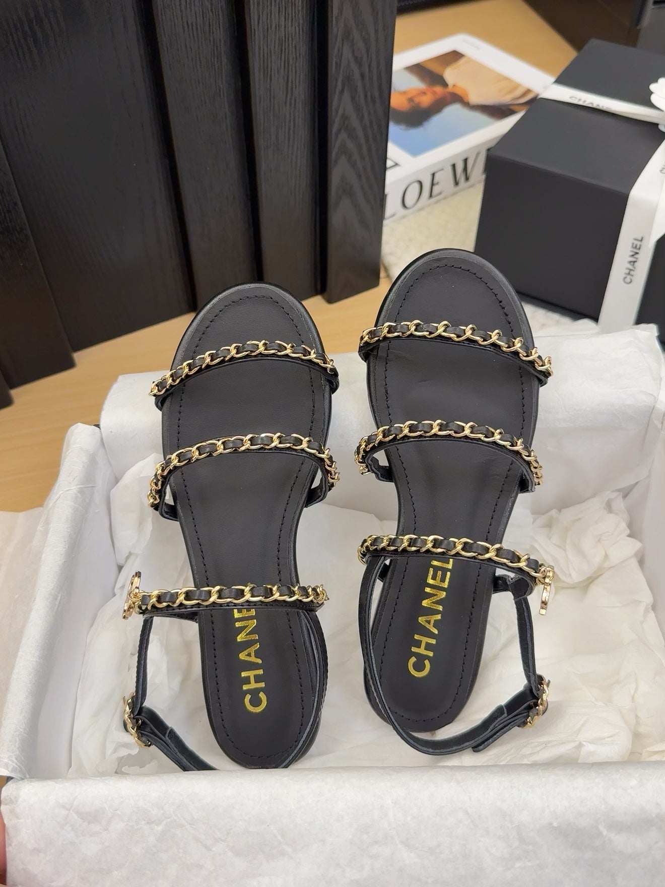 CC 25S Sandal Three Leather Strap Black Calfskin