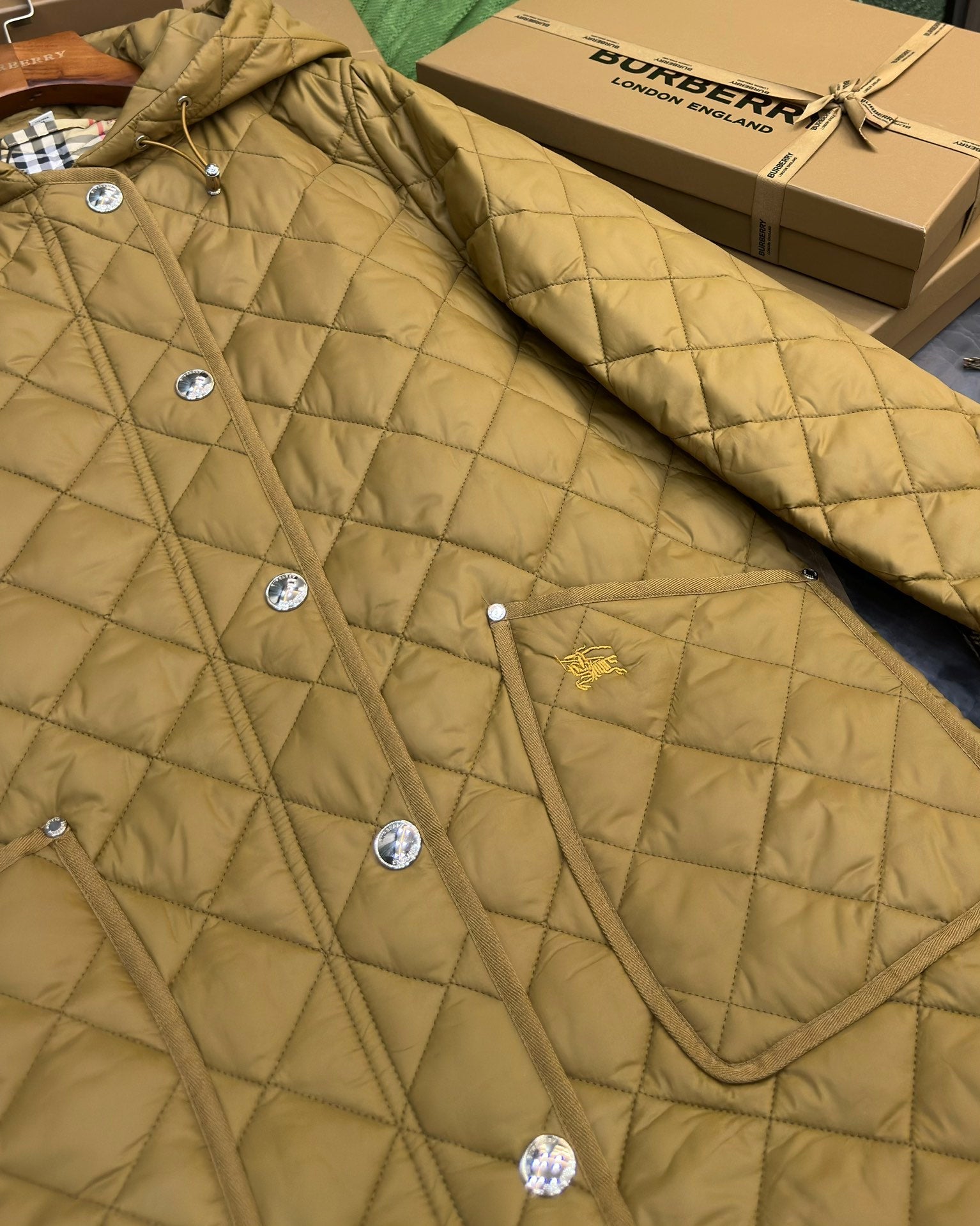 Burberry 25 Quilted  Hooded Long Coat Yellow Polyester Cotton