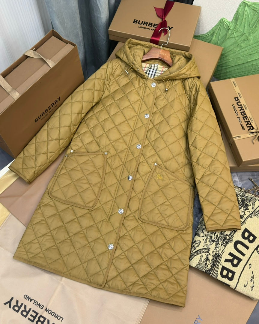 Burberry 25 Quilted  Hooded Long Coat Yellow Polyester Cotton