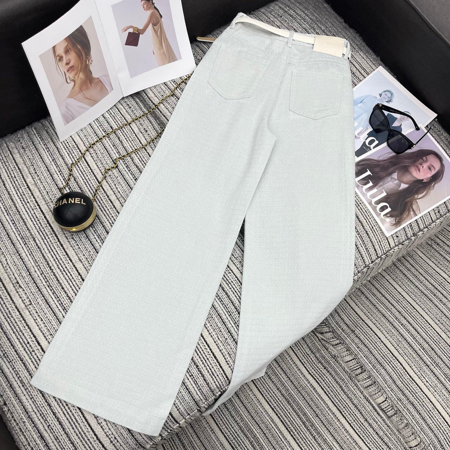 Chanel 2026 Straight-leg Trousers With Double C Leather Belt Light Blue Cotton 365395